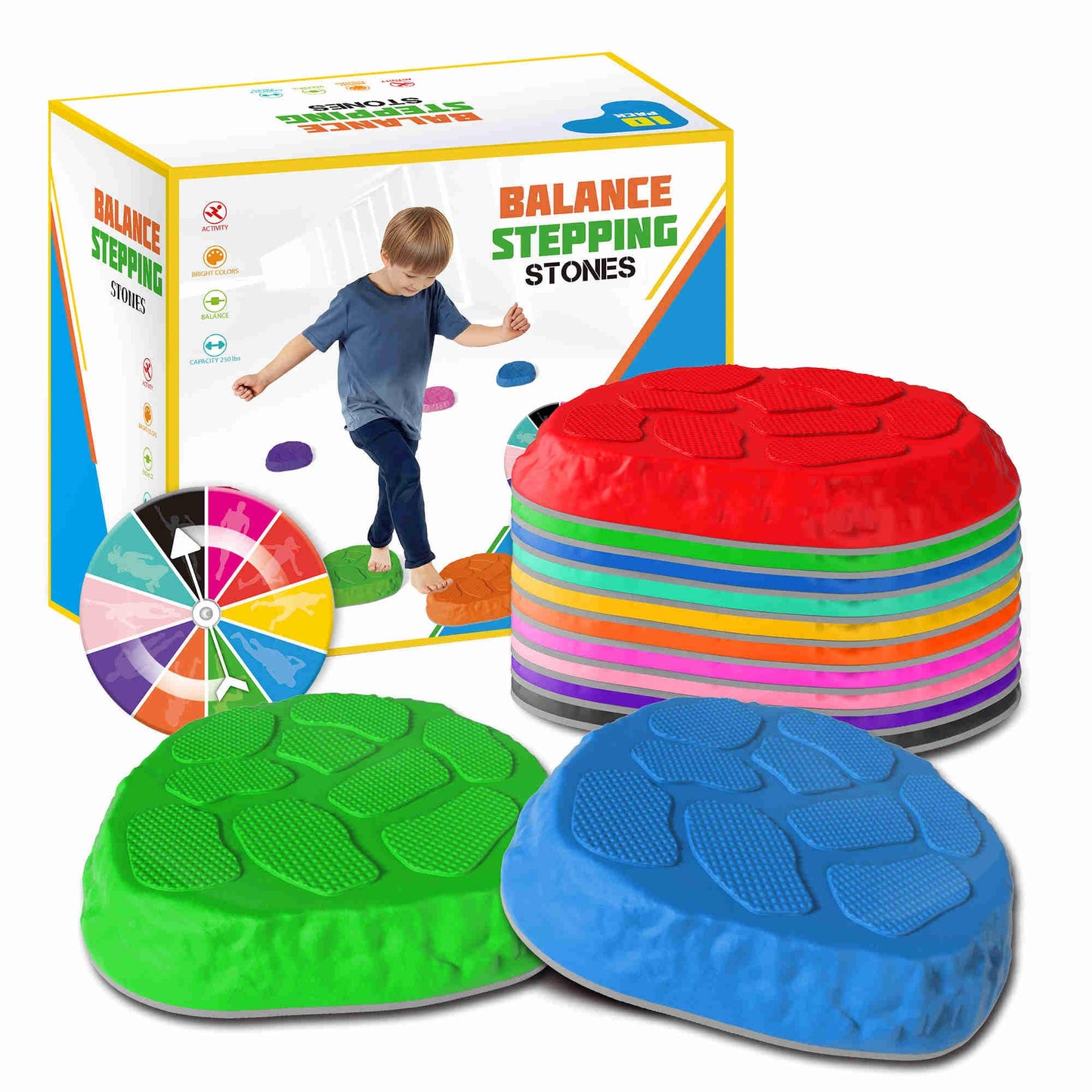 TECKMICO 10-Pack Stepping Stones for Kids,Non-Slip Balance Stones Obstacle Course Coordination Game Encourage Toddler Balance Gross Motor Skills Toys
