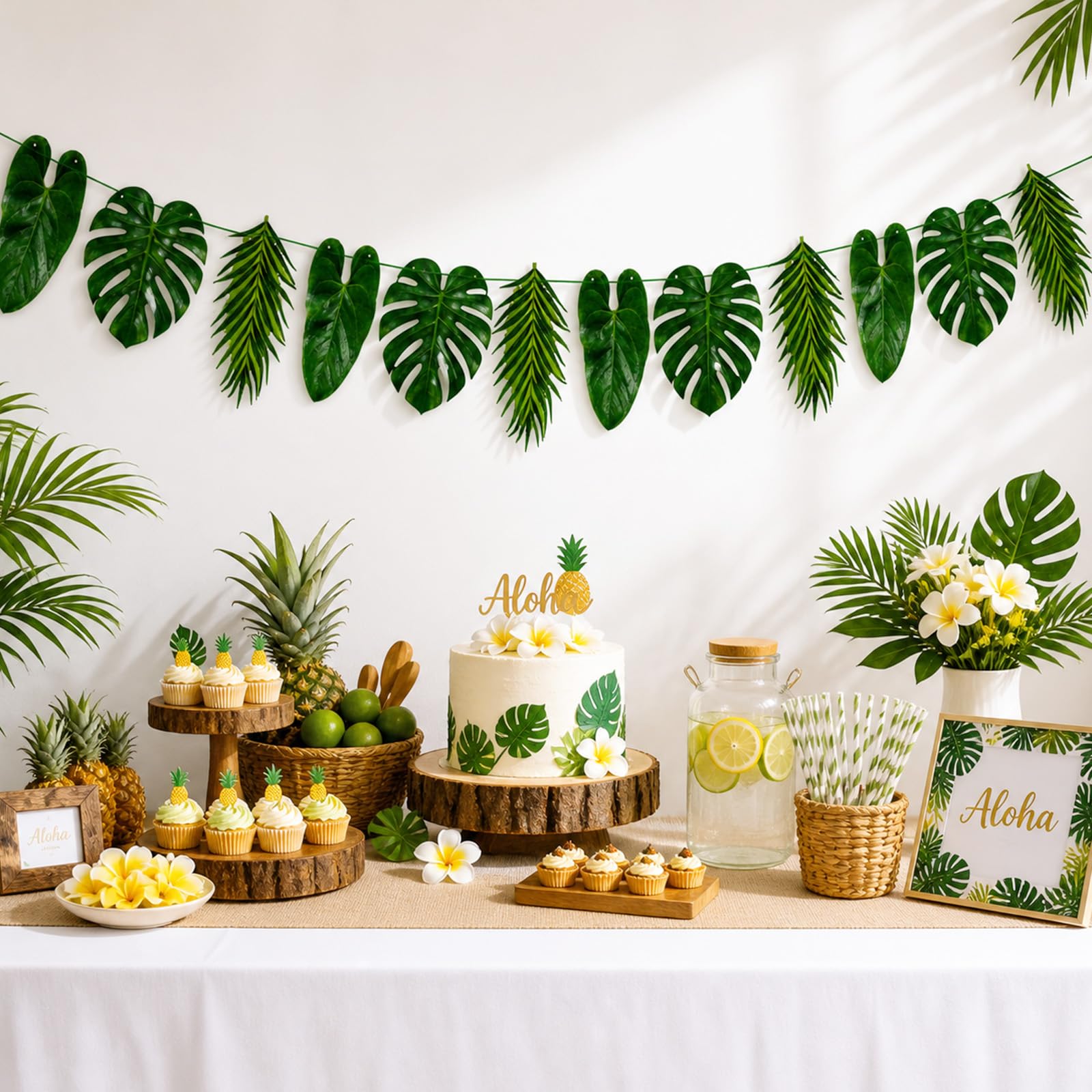 Tropical Leaf Garland Banner Decorations, Pre-Strung Cardboard Monstera Palm Leaves Hanging Garland, Hawaiian Luau Jungle Safari Party Decor