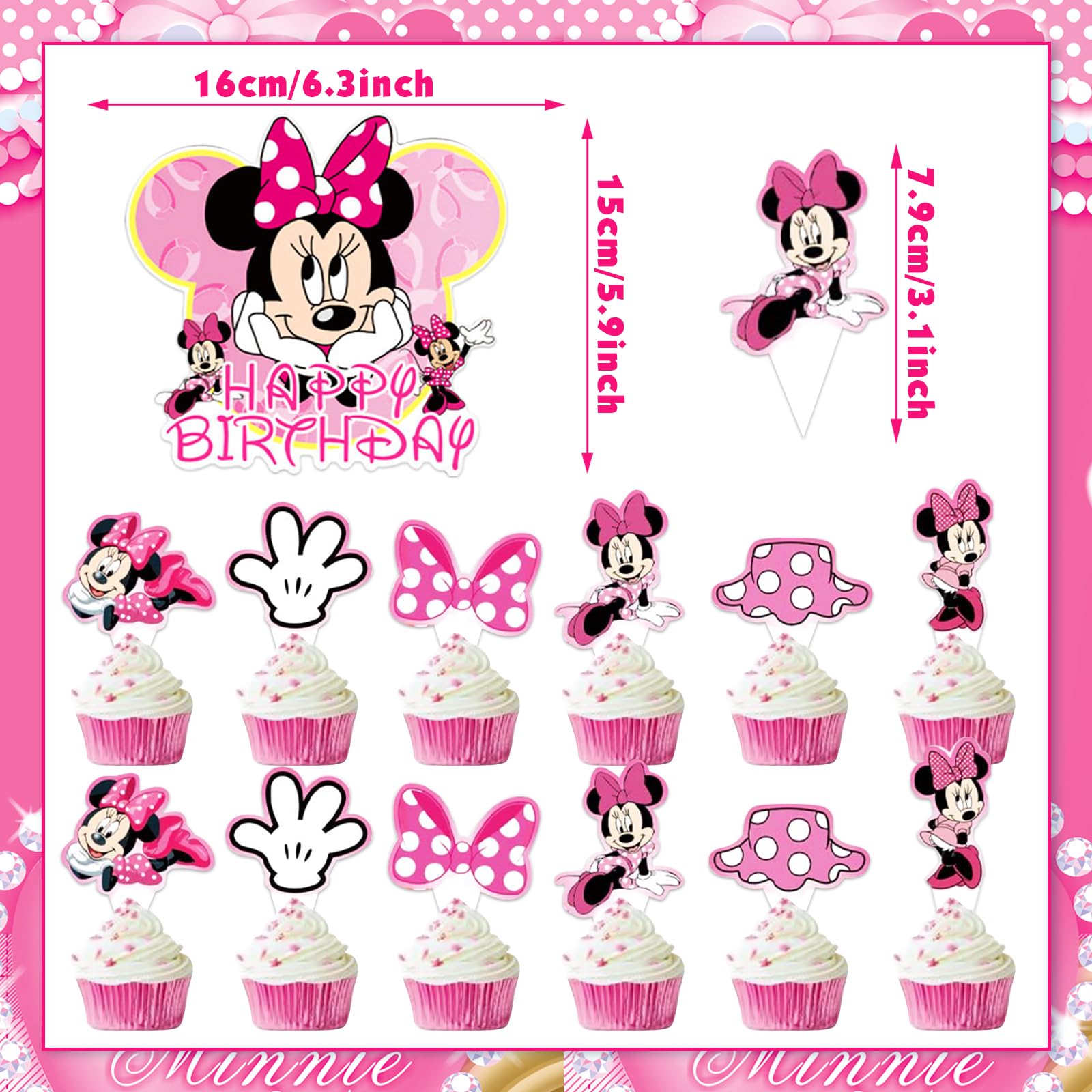 Pink Mouse Birthday Cake Topper for Girls, 25 Pcs Cute Mouse Cake Topper and Cupcake Toppers Set, Cartoon Themed Celebration Cake Decor, Perfect