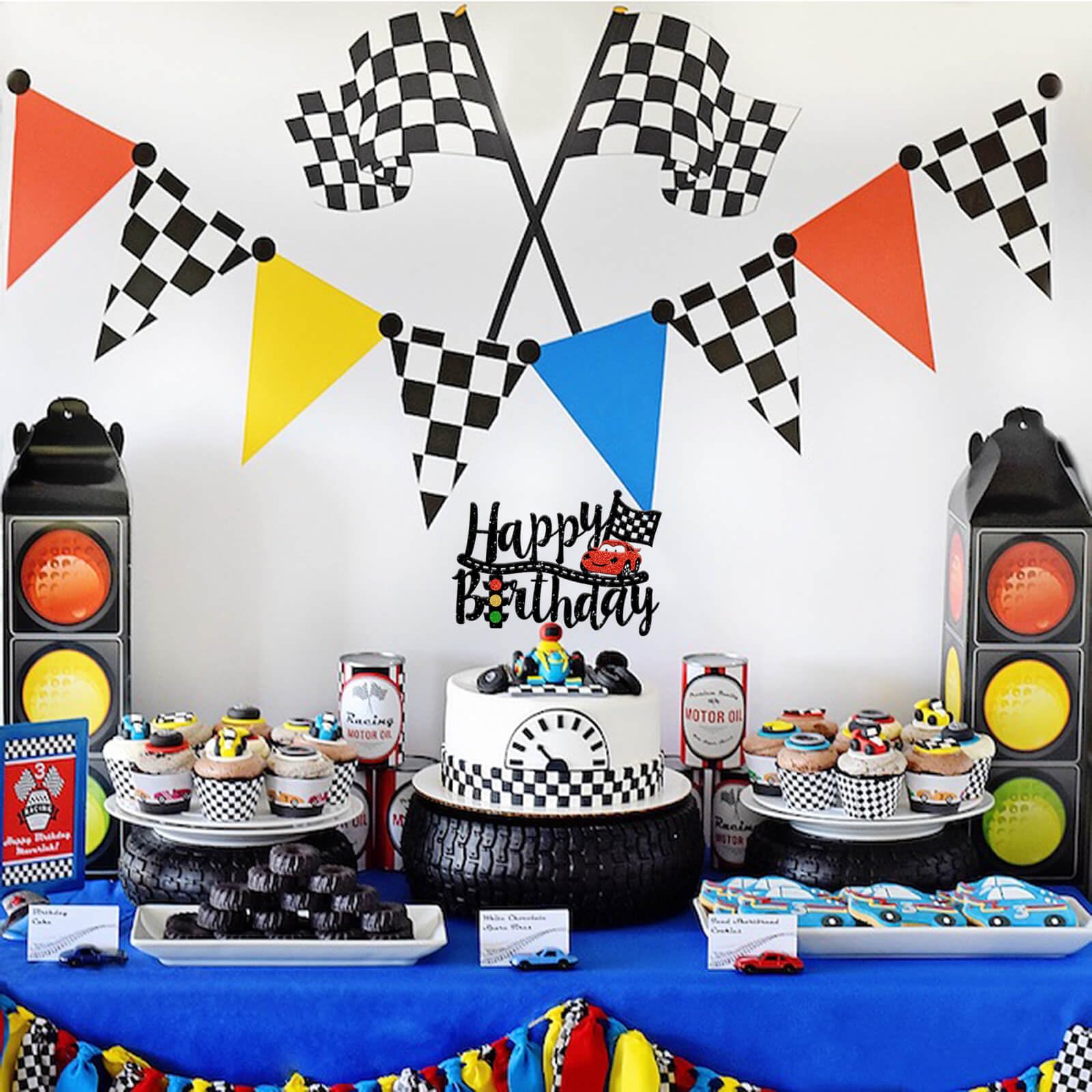 Race Car Birthday Cake Topper - Black Happy Birthday Cake Topper for Chequered Flag/Racing Car Themed Kids Boys Girls 1st 2nd 3th 4th 5th 6th 7th
