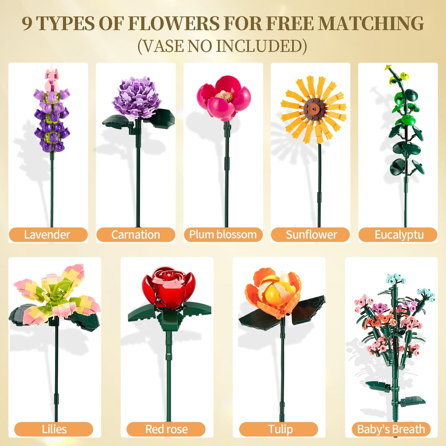 IKIDSUN Flowers Bouquet Building Sets, Artificial Flower Plants for Botanical Collection and Decorative Home, for Girls Women Adults Ages 6+, Birthday