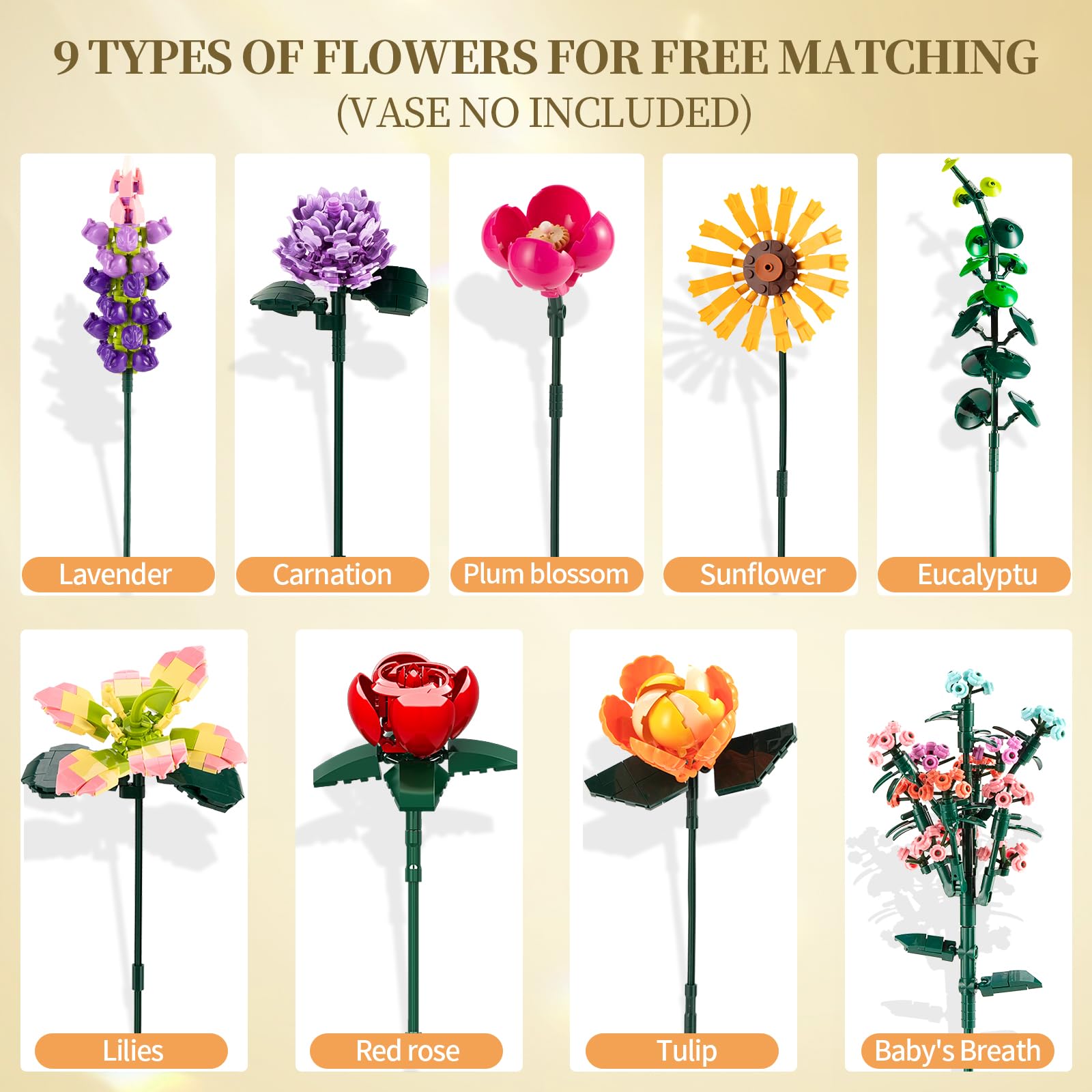 IKIDSUN Flowers Bouquet Building Sets, Artificial Flower Plants for Botanical Collection and Decorative Home, for Girls Women Adults Ages 6+, Birthday