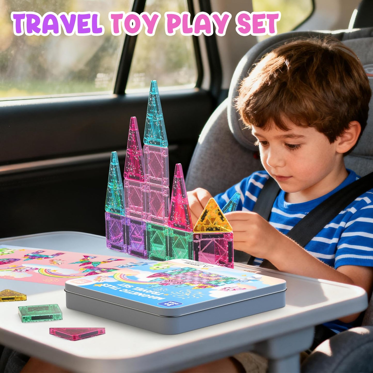 LAYVIC 60PCS Mini Magnetic Tiles Unicorn Toys for Girls Age 4-6, Travel Toys Magnet Tiles Magnetic Blocks, STEM Building Toys for Kids Ages 3 4 5 6 7