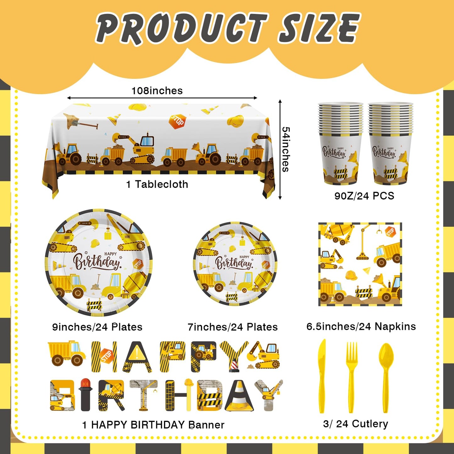 Cecnamt Construction Birthday Decorations, 170 Pcs Construction Birthday Party Supplies Including Banner, Plates, Cups, Napkins, Cutlery