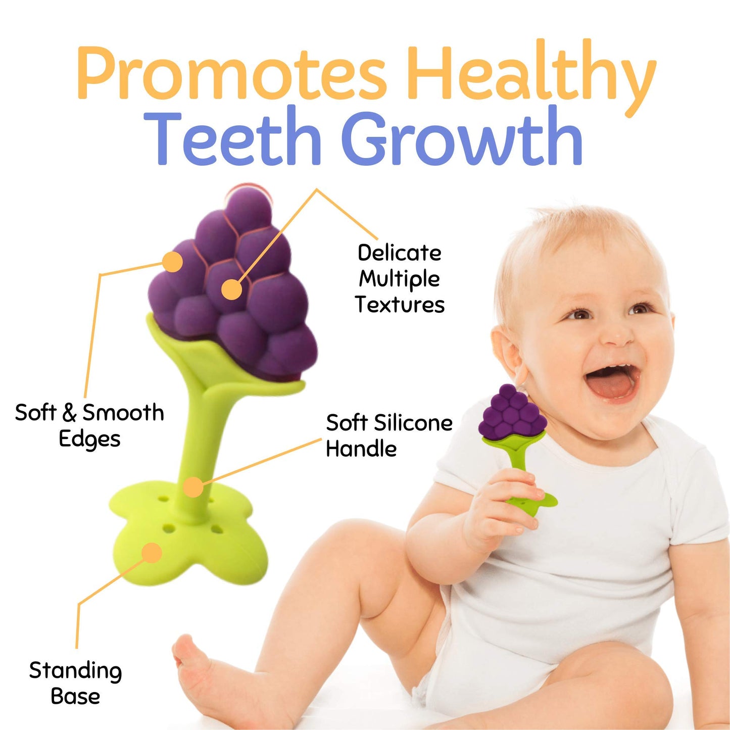 Baby Teething Toys, Soft Silicone Fruit Teether Set with Pacifier Clip/Holder for Toddlers & Infants, 5 Pack
