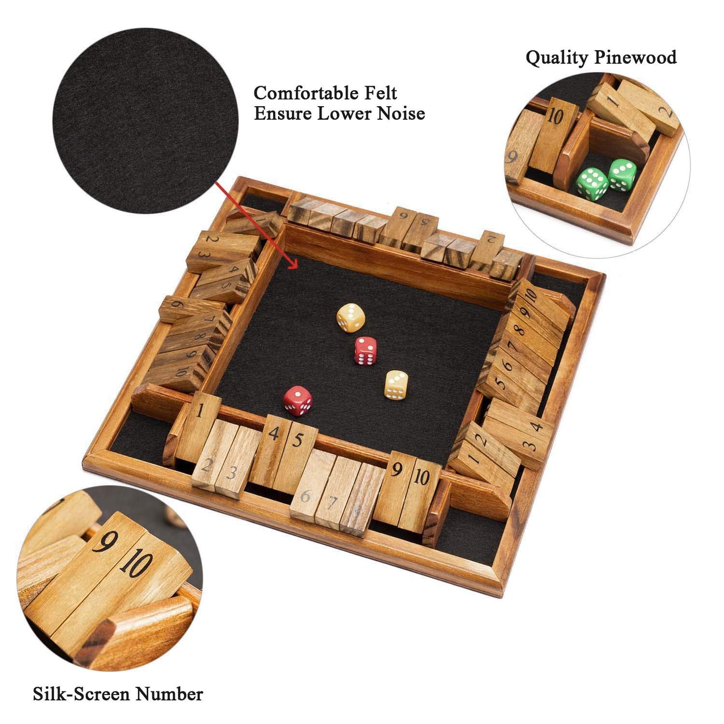 AMEROUS 1-4 Players Shut The Box Dice Game, Wooden Board Table Math Game with 12 Dice and Shut-The-Box Instructions for Kids Adults, Family Classroom