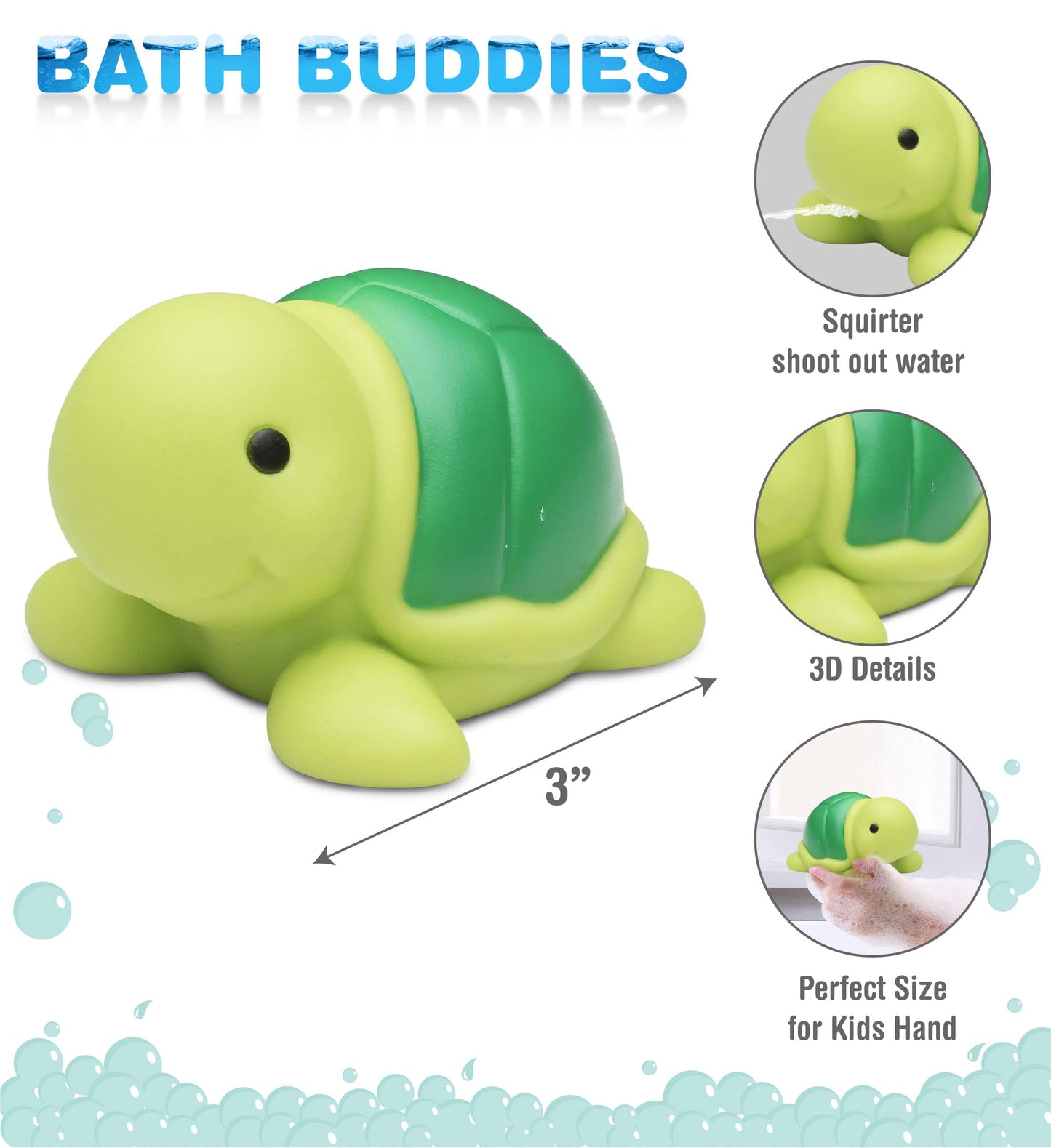 DolliBu Sea Turtle Bath Buddy Squirter - Floating Green Turtle Rubber Bath Toy, Fun Water Squirting Bathtime Play for Toddlers, Cute Sea Life Animal