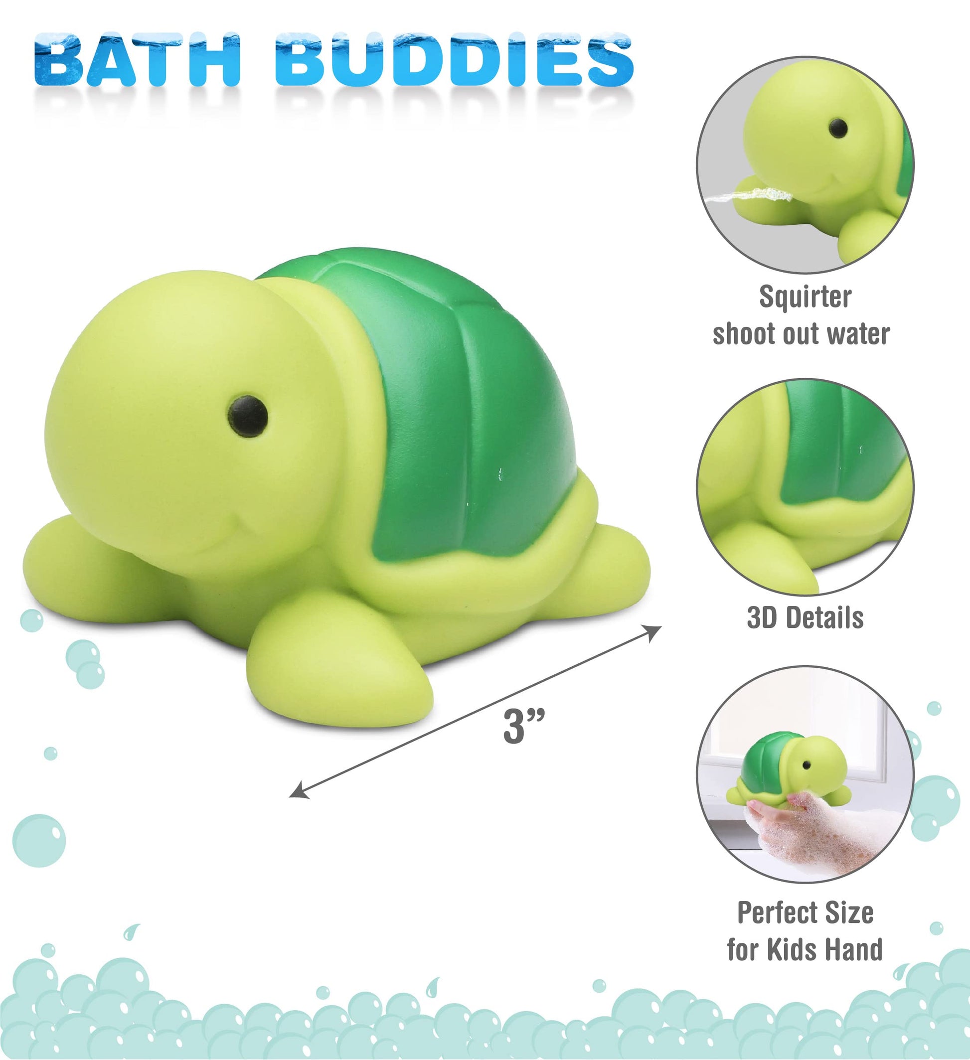 DolliBu Sea Turtle Bath Buddy Squirter - Floating Green Turtle Rubber Bath Toy, Fun Water Squirting Bathtime Play for Toddlers, Cute Sea Life Animal