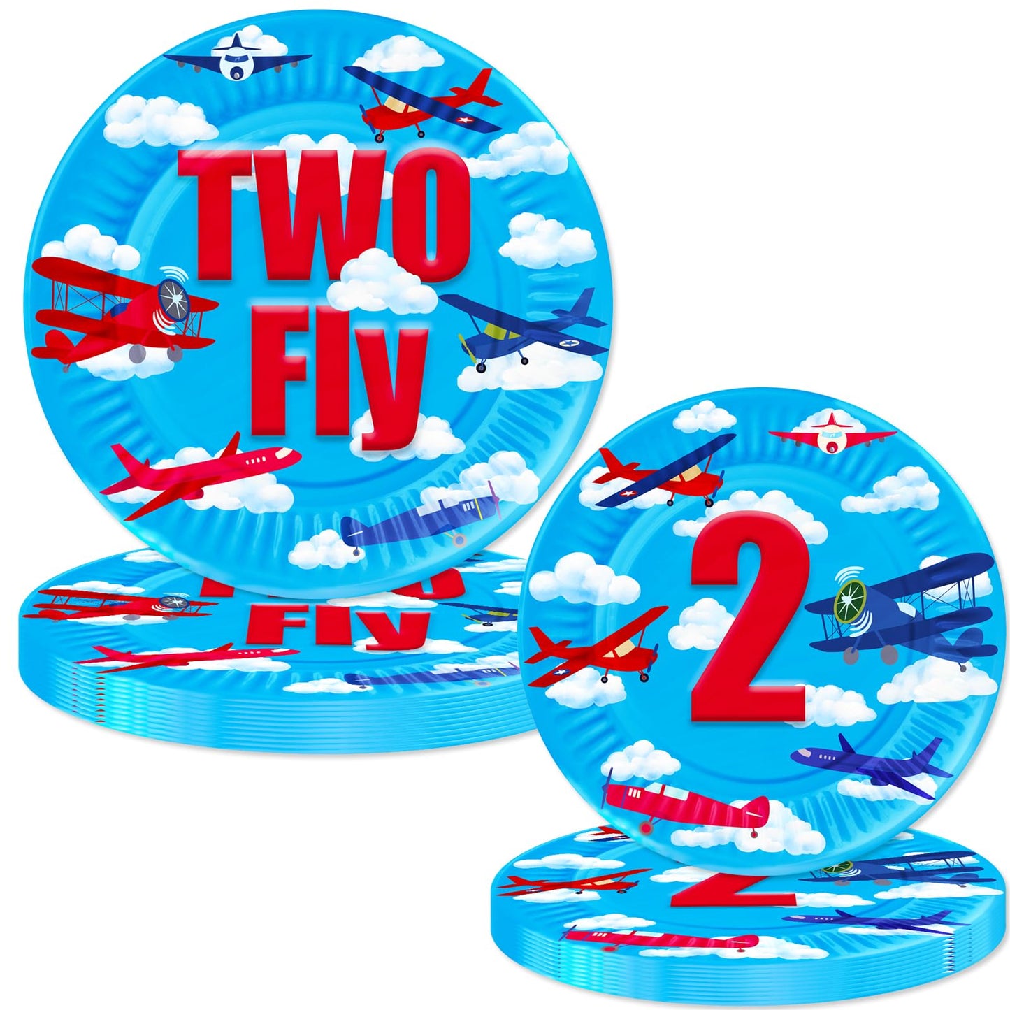 80 Pcs Airplane 2nd Birthday Party Decorations Two Fly Disposable Paper Dinner Plates Napkins Forks Dinnerware for Aviation Theme Boys 2nd Birthday