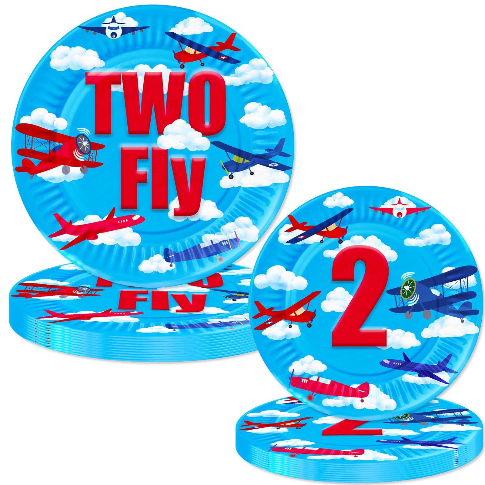 80 Pcs Airplane 2nd Birthday Party Decorations Two Fly Disposable Paper Dinner Plates Napkins Forks Dinnerware for Aviation Theme Boys 2nd Birthday