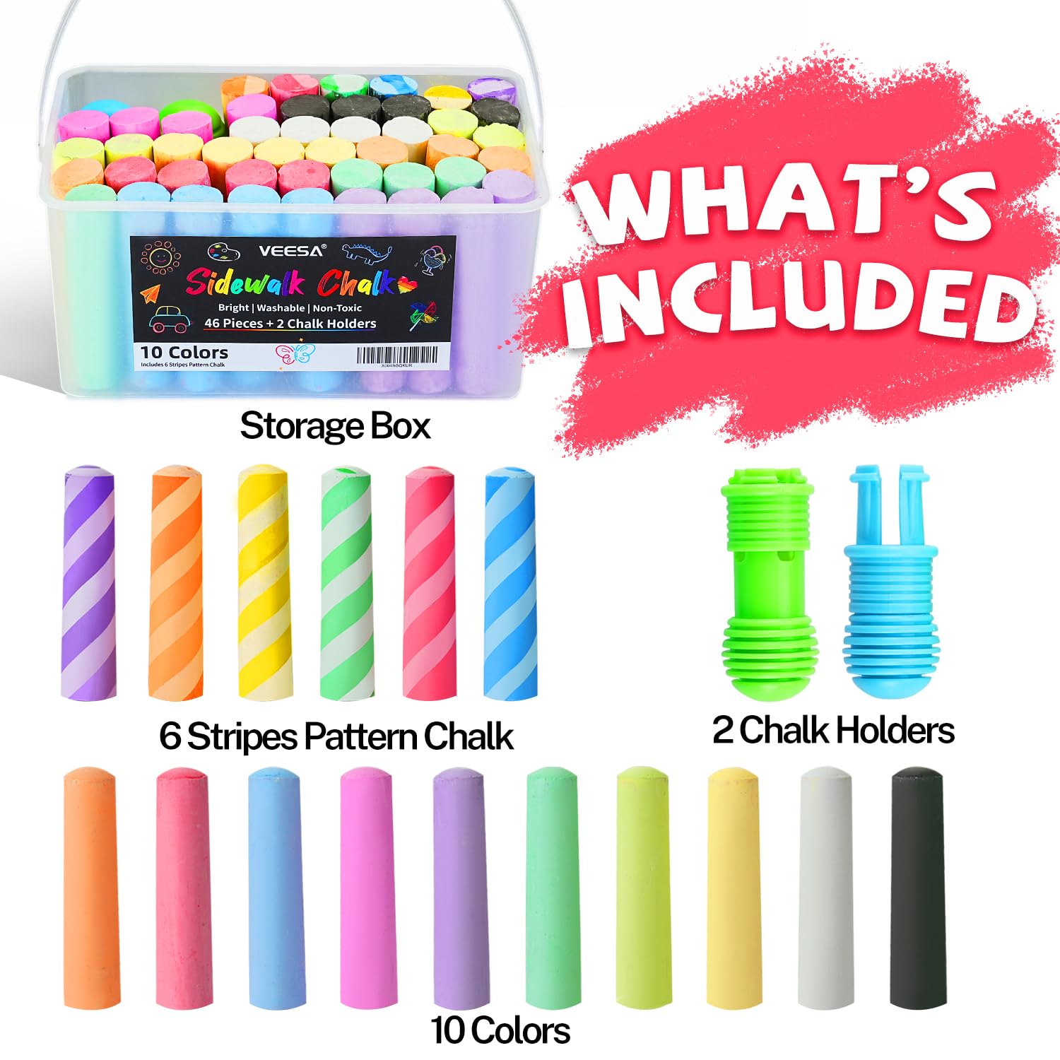 VEESA Sidewalk Chalk for Kids, Bucket Pack (46 Count + 2 Chalk Holders)