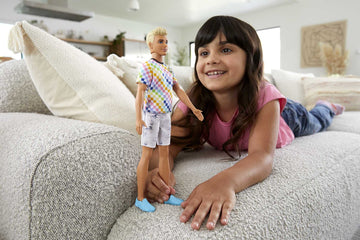 Barbie Fashionistas Ken Doll #174 with Sculpted Blonde Hair Wearing Surf-Inspired Checkered Shirt, Denim Shorts & Deck Shoes
