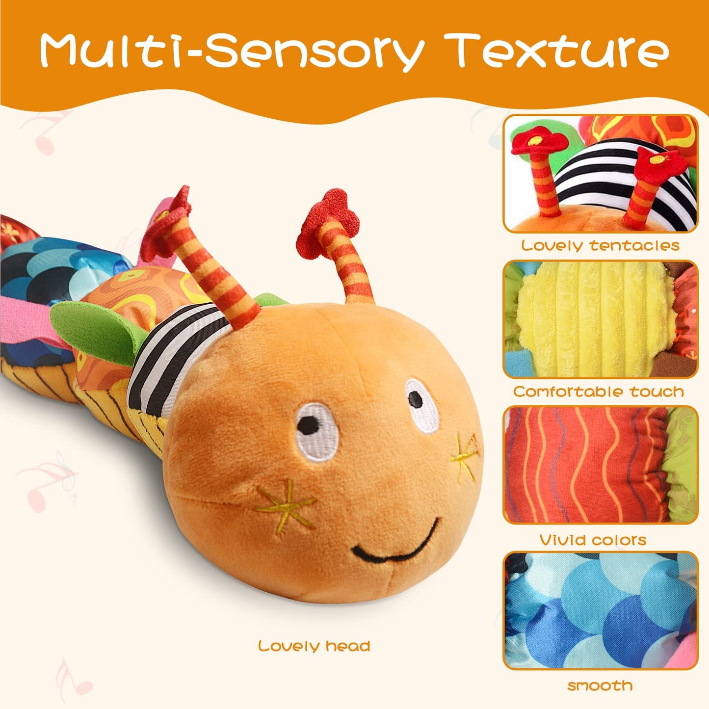 ZUCOOP Musical Worm Soft Model, 6 Different Sensory, Crinkle and Rattle Stuffed, Caterpillar Model