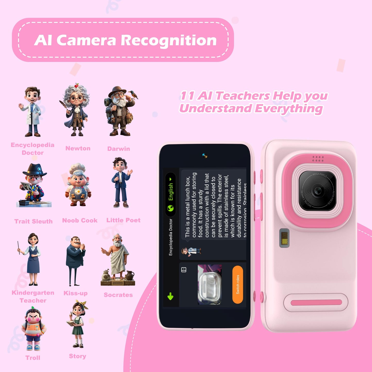 Gimywit AI Kids Camera for 3-11 Year Old Boys and Girls, AI Learning Digital Video Camera with with Object Recognition, Best Birthday, WiFi Kids Toy