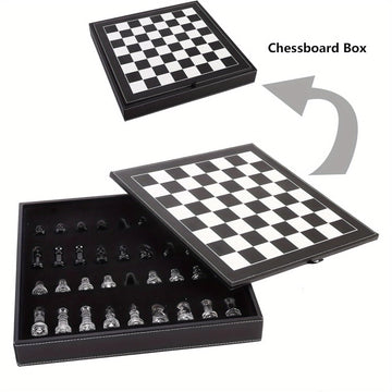 Luxury Glass Chess Set for Adults - 2 Extra Queens, Premium Leather Storage Case with 13.2” Chessboard Elegant Board Game Gift