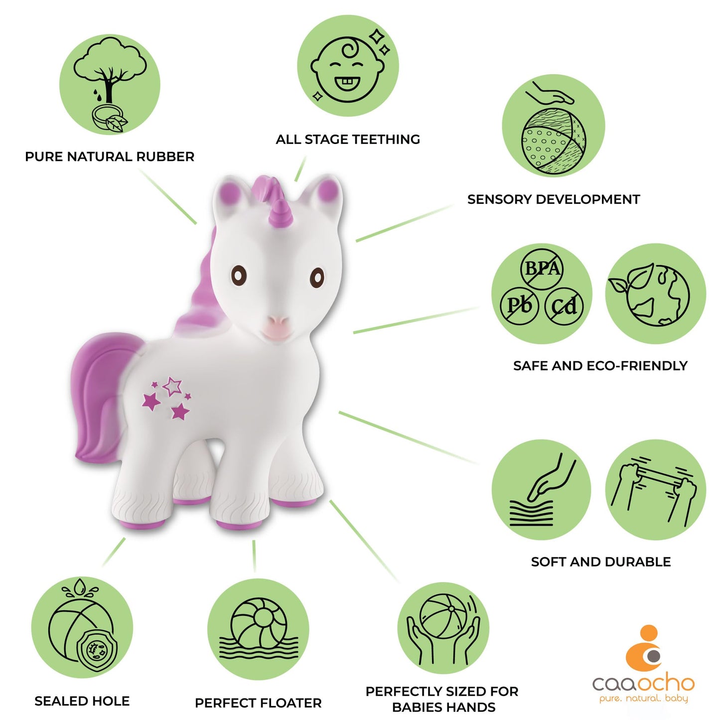 CaaOcho Pure Natural Rubber Teething Baby Toy - Mira The Unicorn Teether for Babies, BPA Free Baby Toy, All Natural Teething Toys for Babies 0-6, Safe