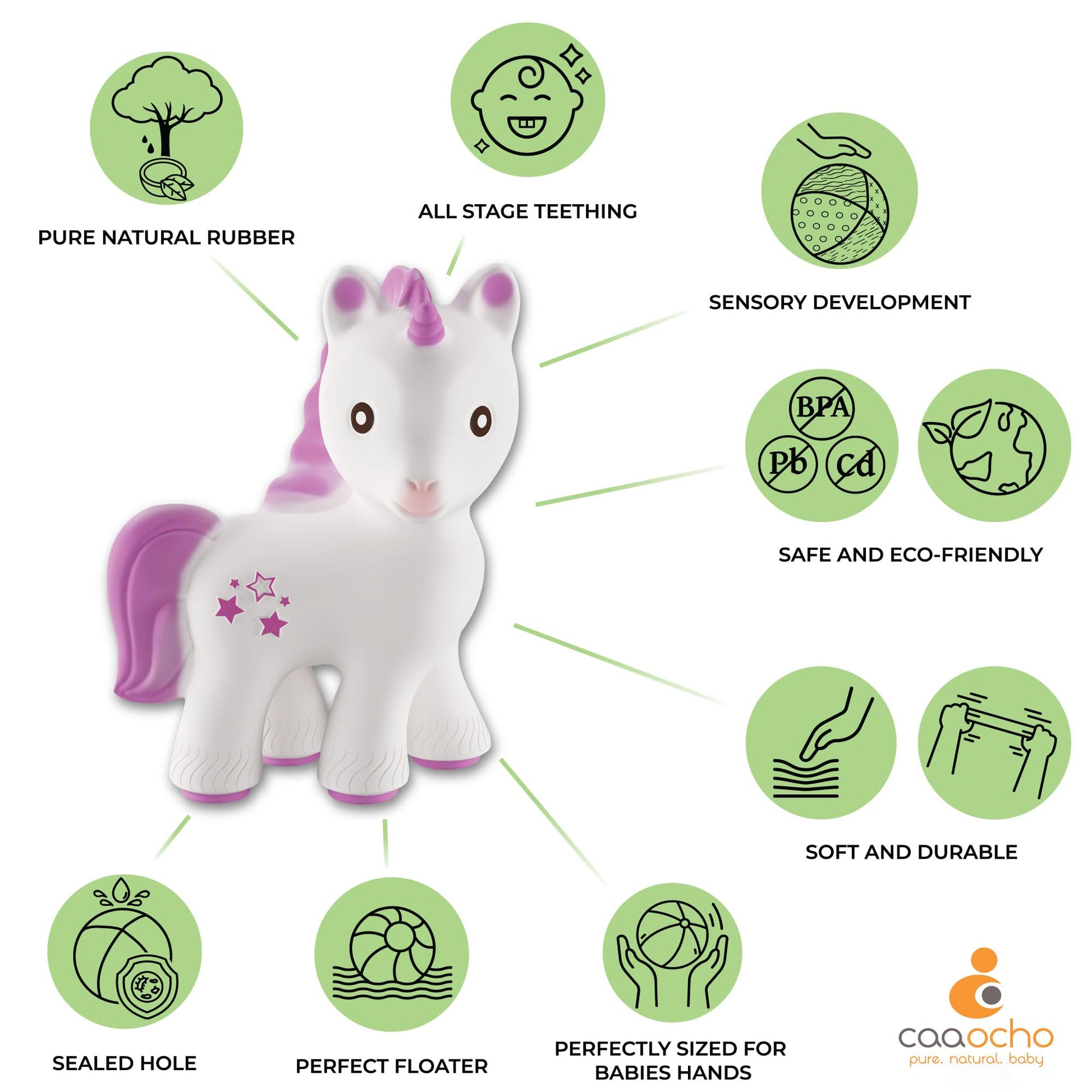 CaaOcho Pure Natural Rubber Teething Baby Toy - Mira The Unicorn Teether for Babies, BPA Free Baby Toy, All Natural Teething Toys for Babies 0-6, Safe