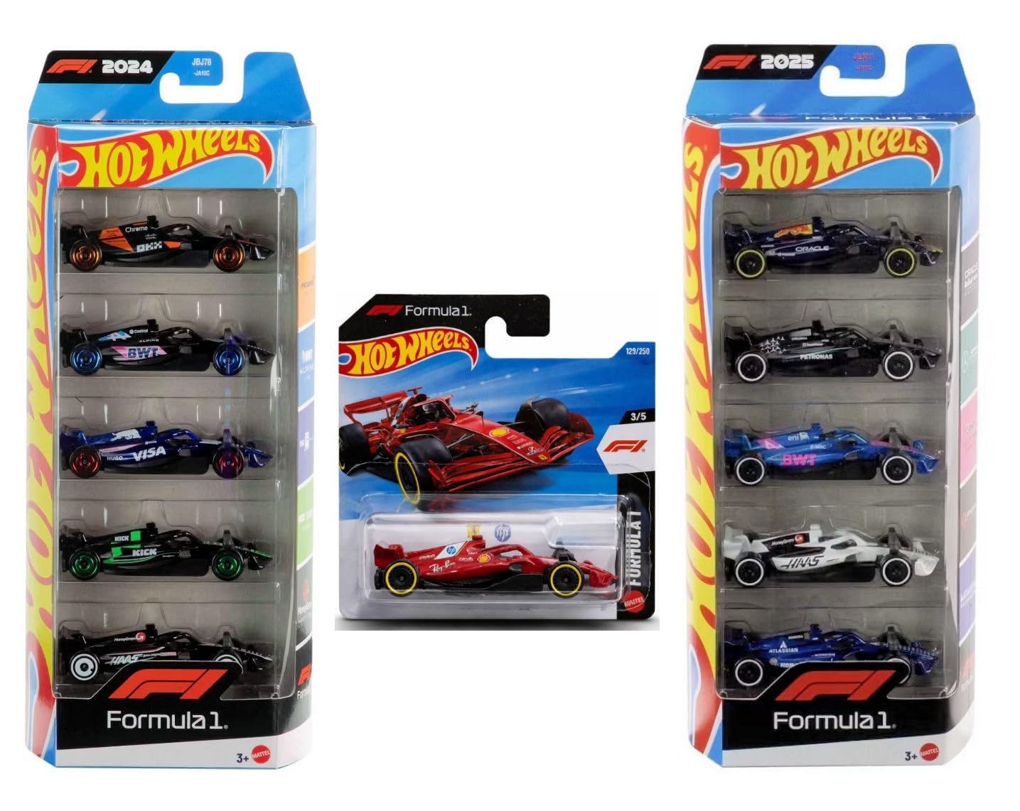 Hot Wheels Formula 1 Die-Cast Cars, Bundle of F1 2024 & 2025 Teams 5 Packs and Scuderia Ferrari HP Short Card, Ages 3+