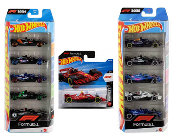 Hot Wheels Formula 1 Die-Cast Cars, Bundle of F1 2024 & 2025 Teams 5 Packs and Scuderia Ferrari HP Short Card, Ages 3+