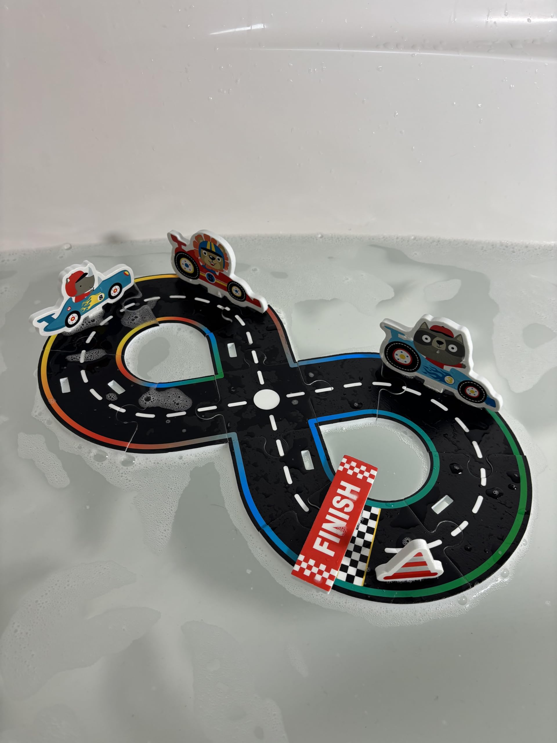 Buddy & Barney: Bath Time Grand Prix - Build A Floating Racetrack, 2 Water-Squirting Race Cars, Foam Stickers & Track Puzzle, Interactive Toy, Kids 3+