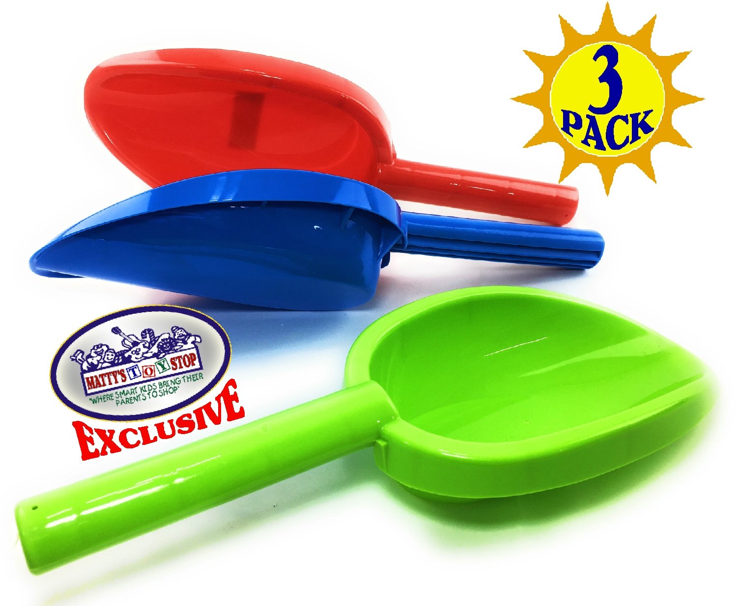 Matty's Toy Stop Kids Sand Shovels for Beach & Sandbox - 3 Pack 14" Long Handle Plastic Sand Scoops, Red Blue Green, Outdoor Beach Toys for Boys