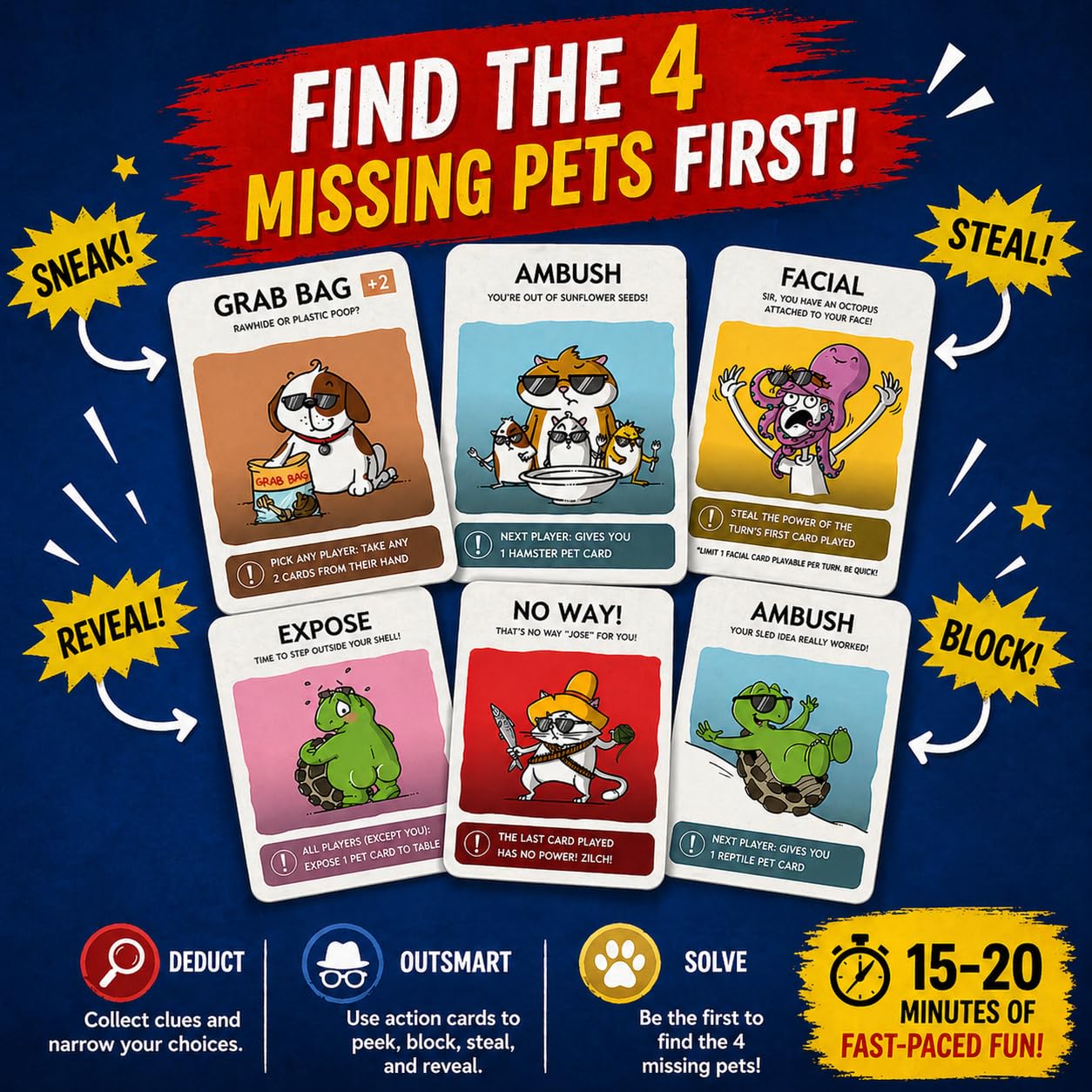 Clue-Style Mystery Game to Find the Missing Pets | Funny Deduction Party Game for Teens & Adults | Teen Game Night | 2-5 Players, 15-20 Min