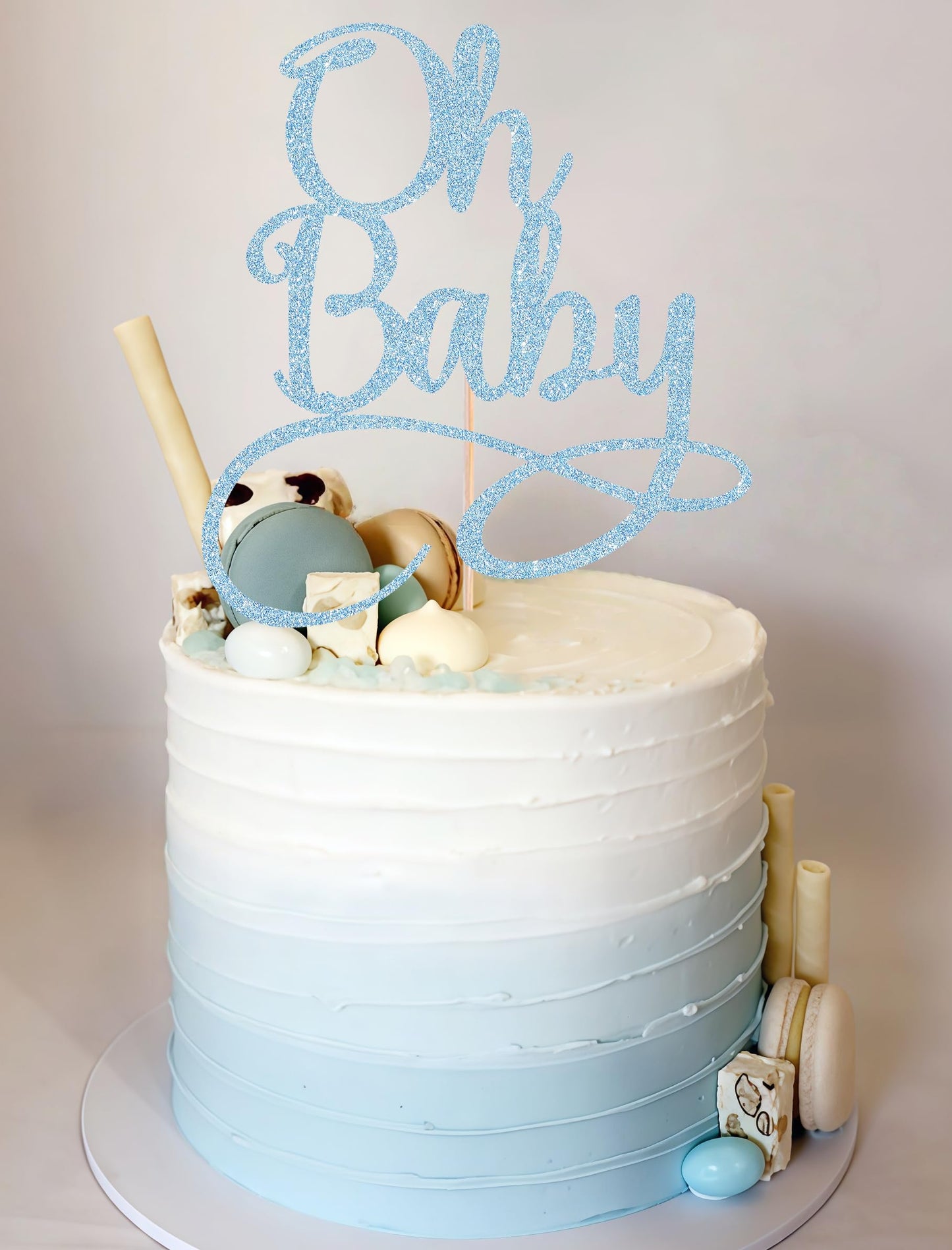 AHAORAY Oh Baby Cake Topper - Light Blue Glitter Baby Birthday Party Cake Decoration Supplies, for Baby Shower/Gender Reveal Party Photo Booth Props