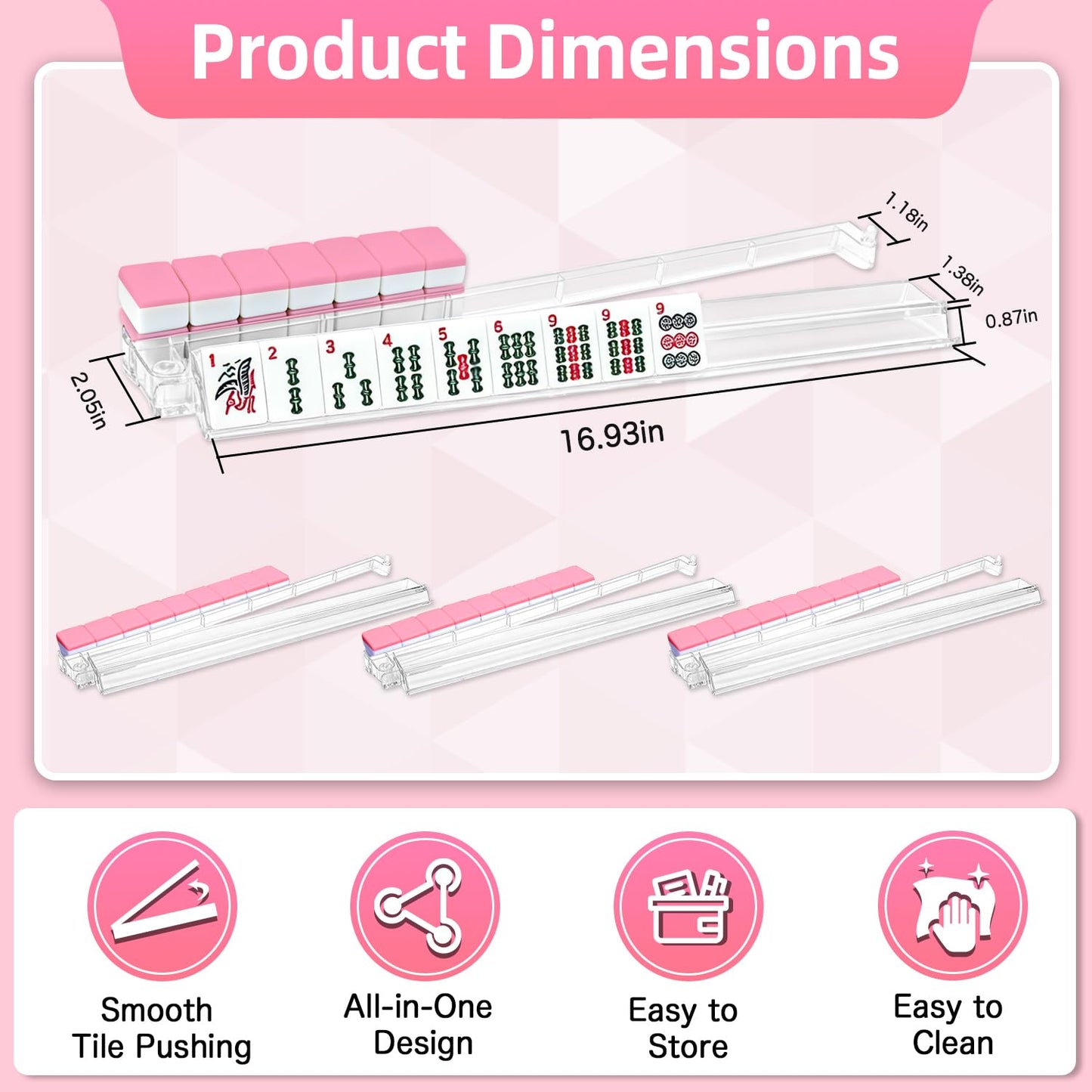 Xynzzeu Mahjong Racks with Pushers, 4 Pcs Clear Acrylic Mahjong Tile Racks with Pushers, 18.5 Inch American Mahjong Compatible, Non-Slip Smooth Push