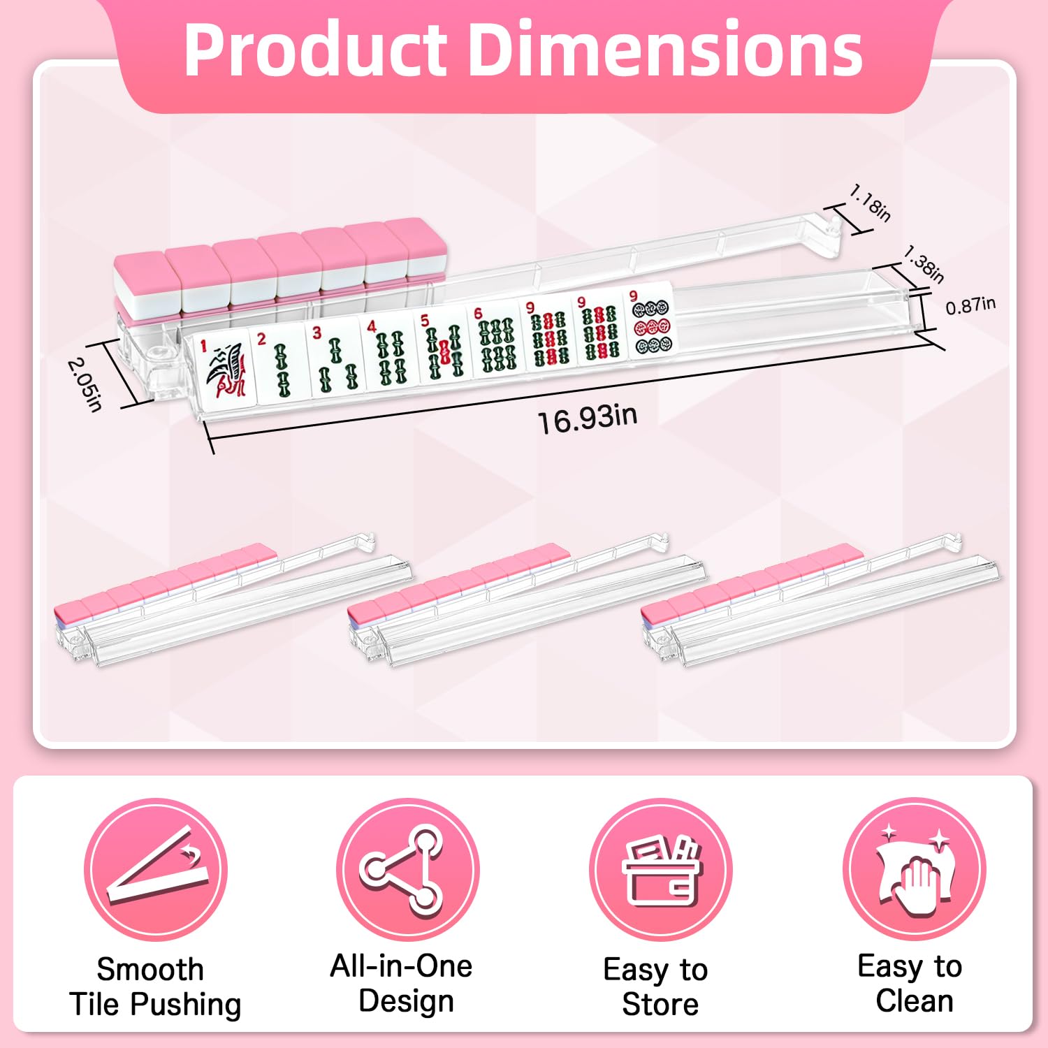 Xynzzeu Mahjong Racks with Pushers, 4 Pcs Clear Acrylic Mahjong Tile Racks with Pushers, 18.5 Inch American Mahjong Compatible, Non-Slip Smooth Push