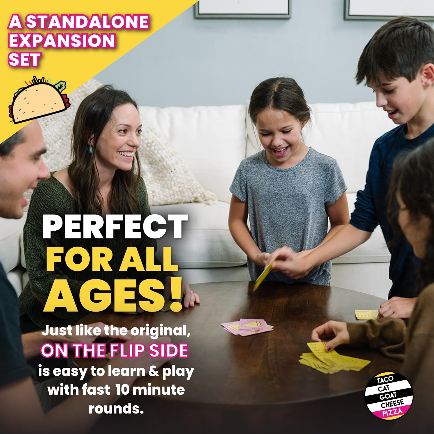 Taco Cat Goat Cheese Pizza On The Flip Side Entertaining Standalone Expansion Game for Family Game Night | Easy to Play 15 Minute Rounds | Fun
