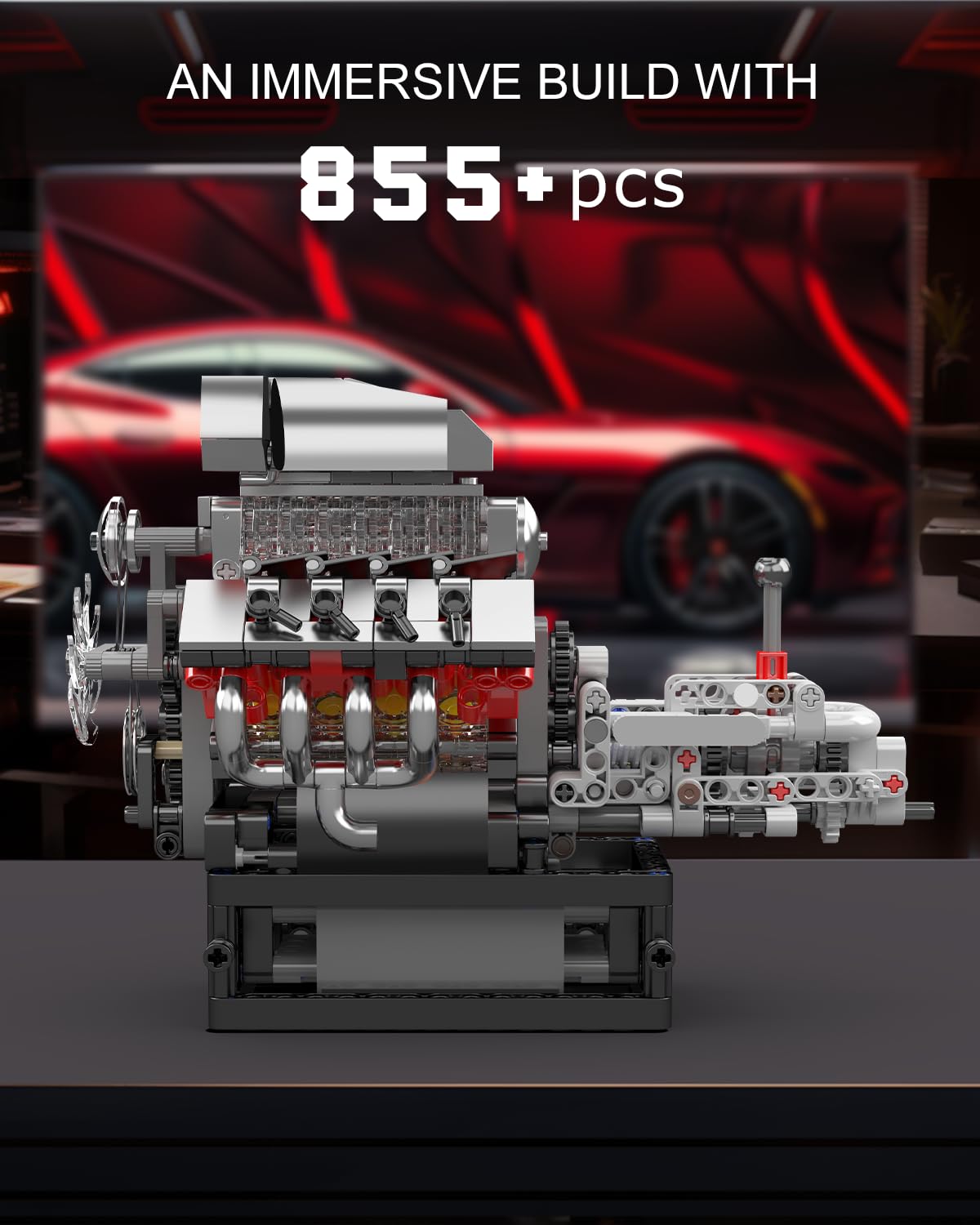 Mould King 10225 V8 Engine Model kit That Runs- Build Your Own STEM V8 Model Engine with Transmission, 8-Cylinder Car Engine kit Building Engineering