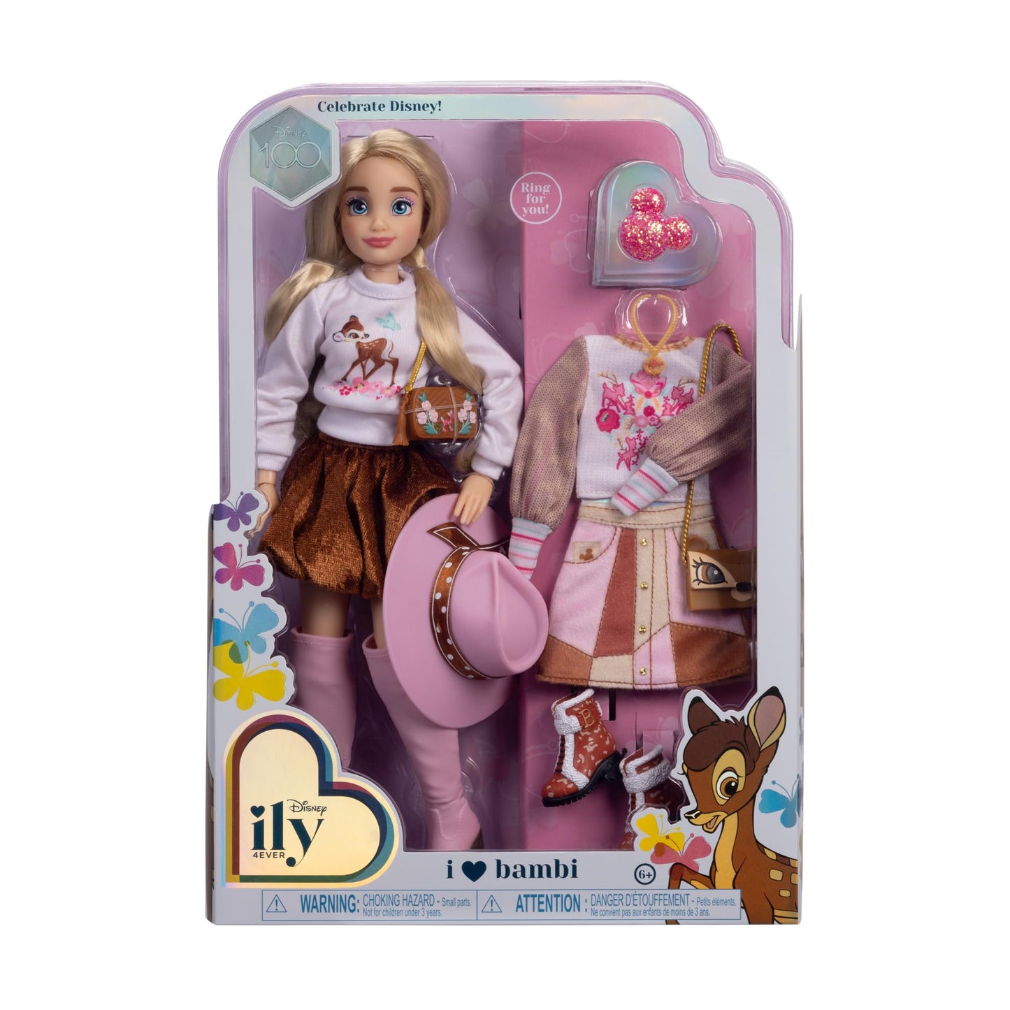 Disney ily 4EVER Dolls Disney 100 - Bambi 11.5" Tall with 13 Points of Articulation, Two Complete Mix-and-Match Outfits and Glittery Mickey Ring for