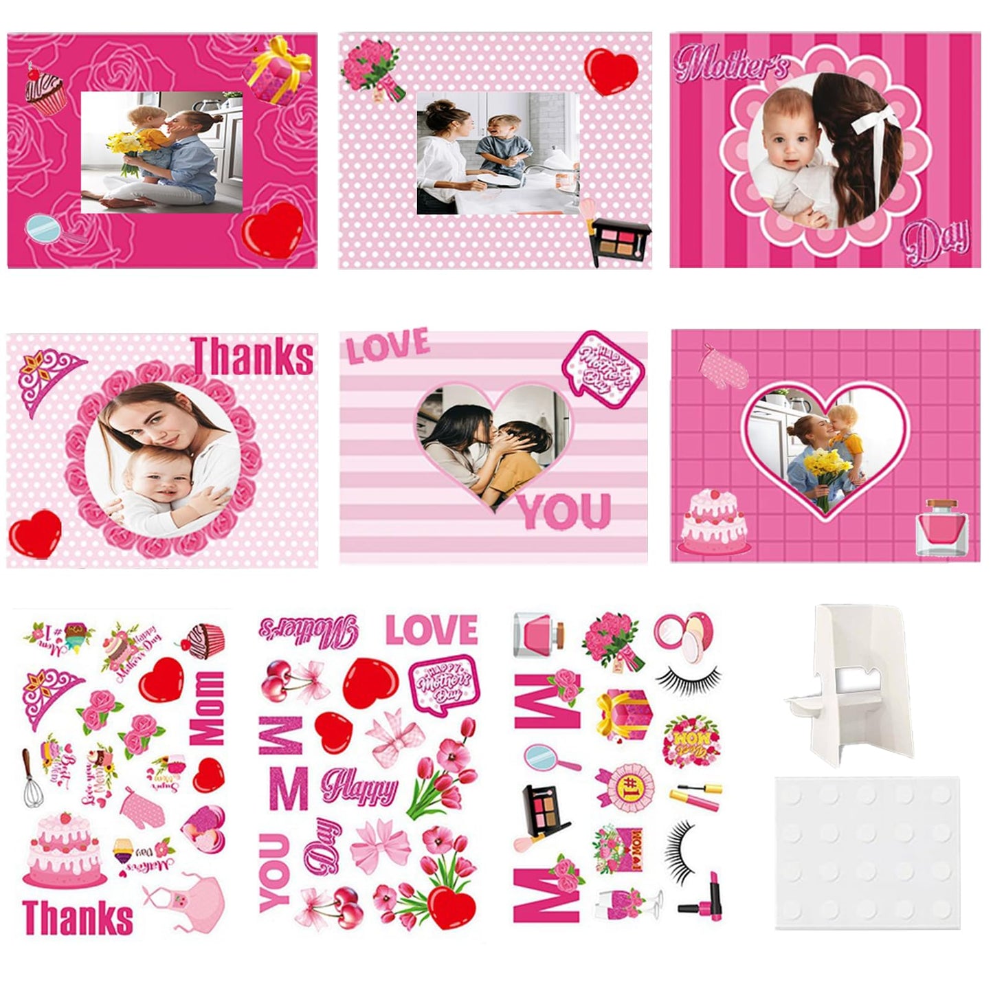 Mother's Day Picture Frame Crafts Kits Thanks Mom Photo Frame with Heart Flowers Stickers DIY Photo Props for Mom Gifts Festival Decorations