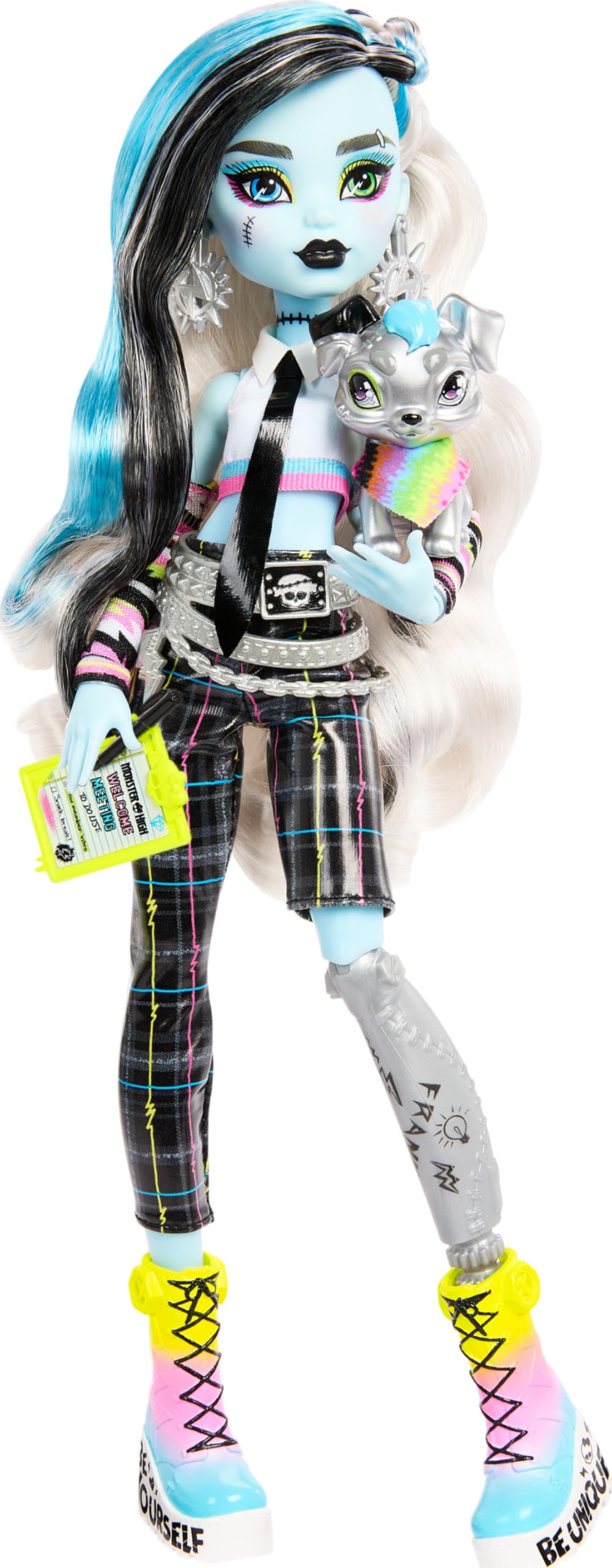 Monster High Frankie Stein Doll, Welcome Committee Set with 15 Accessories Including Poster, Sticker, Pet Watzit and More