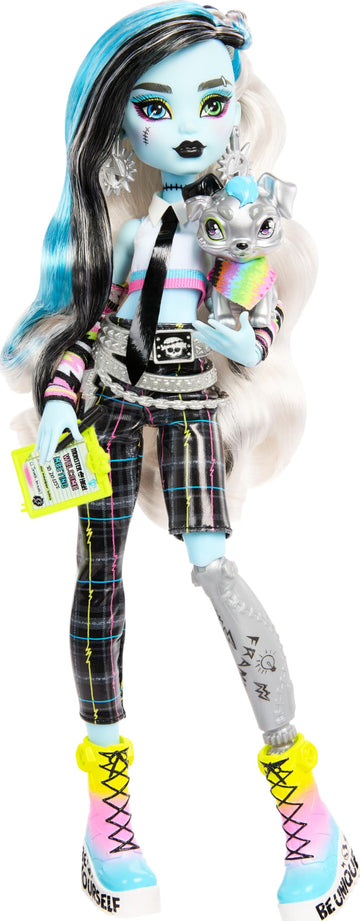 Monster High Frankie Stein Doll, Welcome Committee Set with 15 Accessories Including Poster, Sticker, Pet Watzit and More