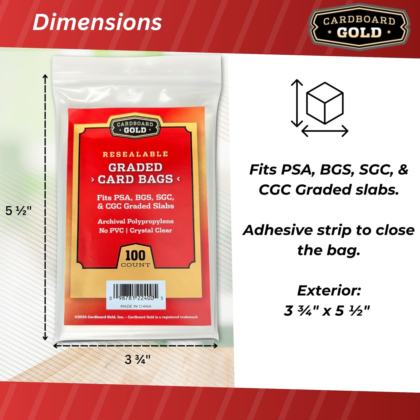 Cardboard Gold Graded Card Sleeve - Fits PSA, SGC, BGS, CGC Trading Cards - Slab Sleeves w/Adhesive Flap - Archival Safe, PVC-Free Protector Bags for