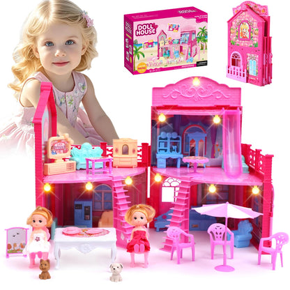 BRAITEN Doll House, with 4 Rooms, 2 Dolls, Toy Furniture Accessories, Pet Play Area?Slide Dollhouse Dlayset, Dollapsible Portable Playhouse