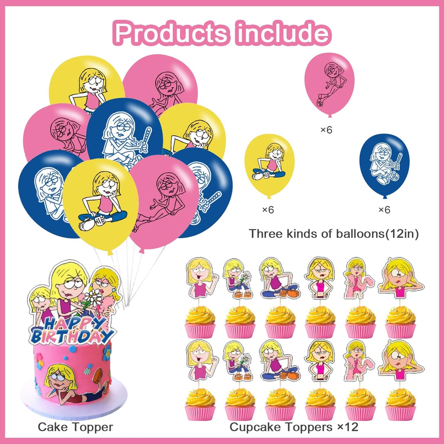 ???????????? ?????????????? Birthday Party Decorations, Cartoon Girls Themed Set Includes Banner, Cupcake Cake Toppers, Birthday Balloons for Fans Adults Party
