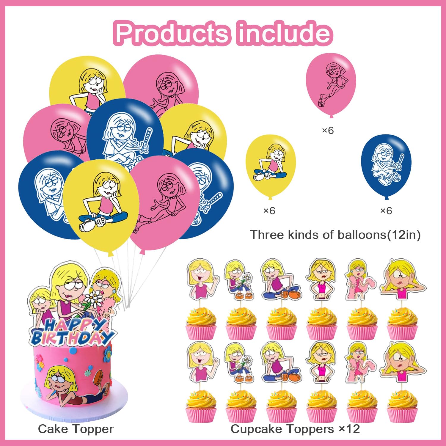 ???????????? ?????????????? Birthday Party Decorations, Cartoon Girls Themed Set Includes Banner, Cupcake Cake Toppers, Birthday Balloons for Fans Adults Party