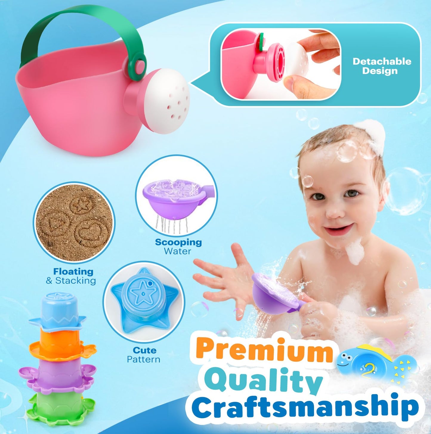 Baby Bath Toys for Kids Ages 1-3 9PCS Toddler Bath Toys Mold Free for 2-4 with Watering Can & Stacking Cups Colorful Bathtub Pool Water Toys for 1+