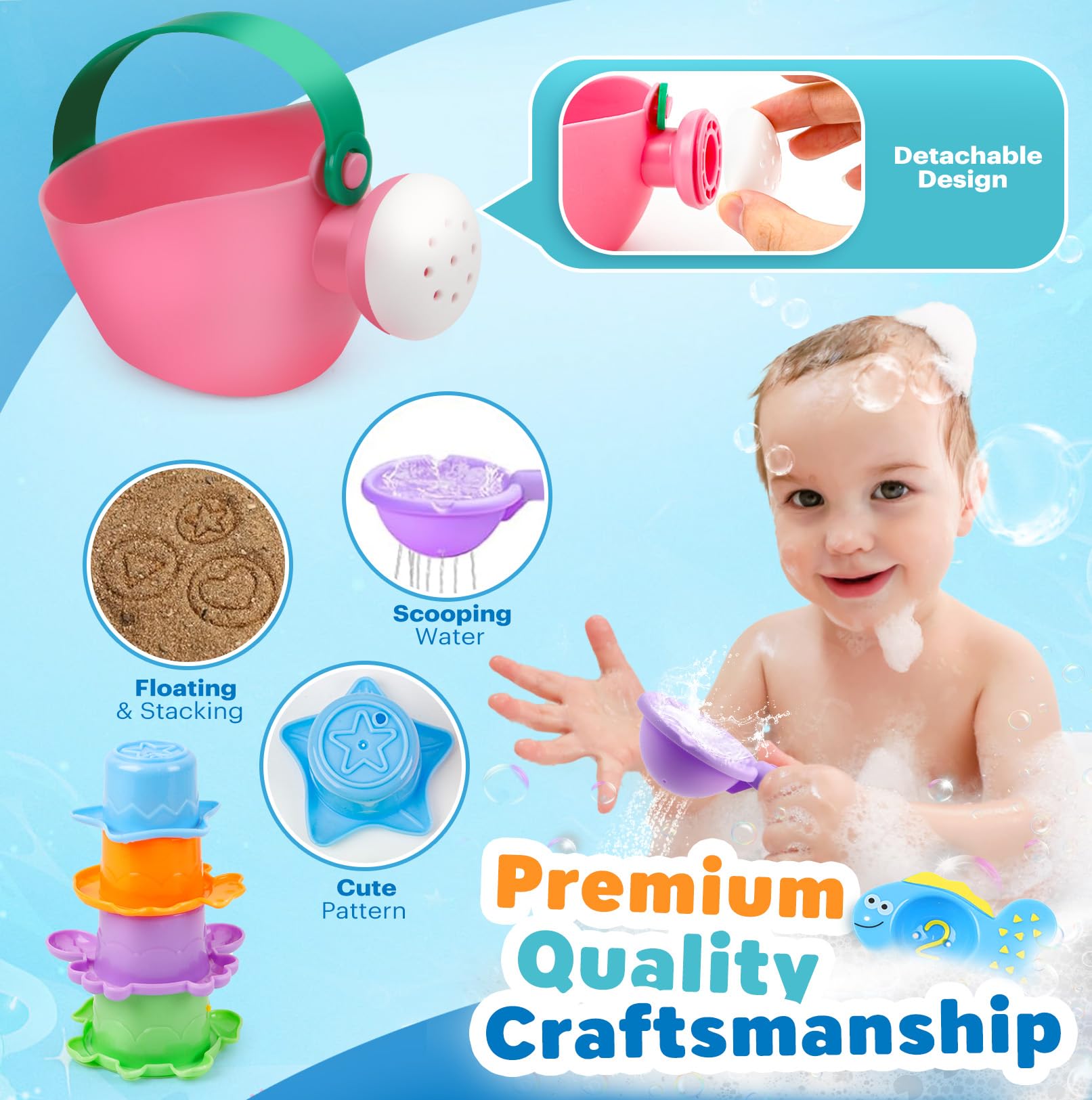 Baby Bath Toys for Kids Ages 1-3 9PCS Toddler Bath Toys Mold Free for 2-4 with Watering Can & Stacking Cups Colorful Bathtub Pool Water Toys for 1+