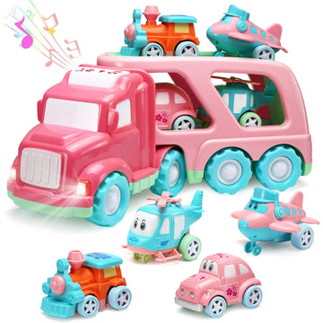 Carrier Car Toy Set(5 in 1) with Lights and Sounds, Pink Toy for Girl Toddler Kid, Friction Powered Double Layer Transport Truck with Cartoon