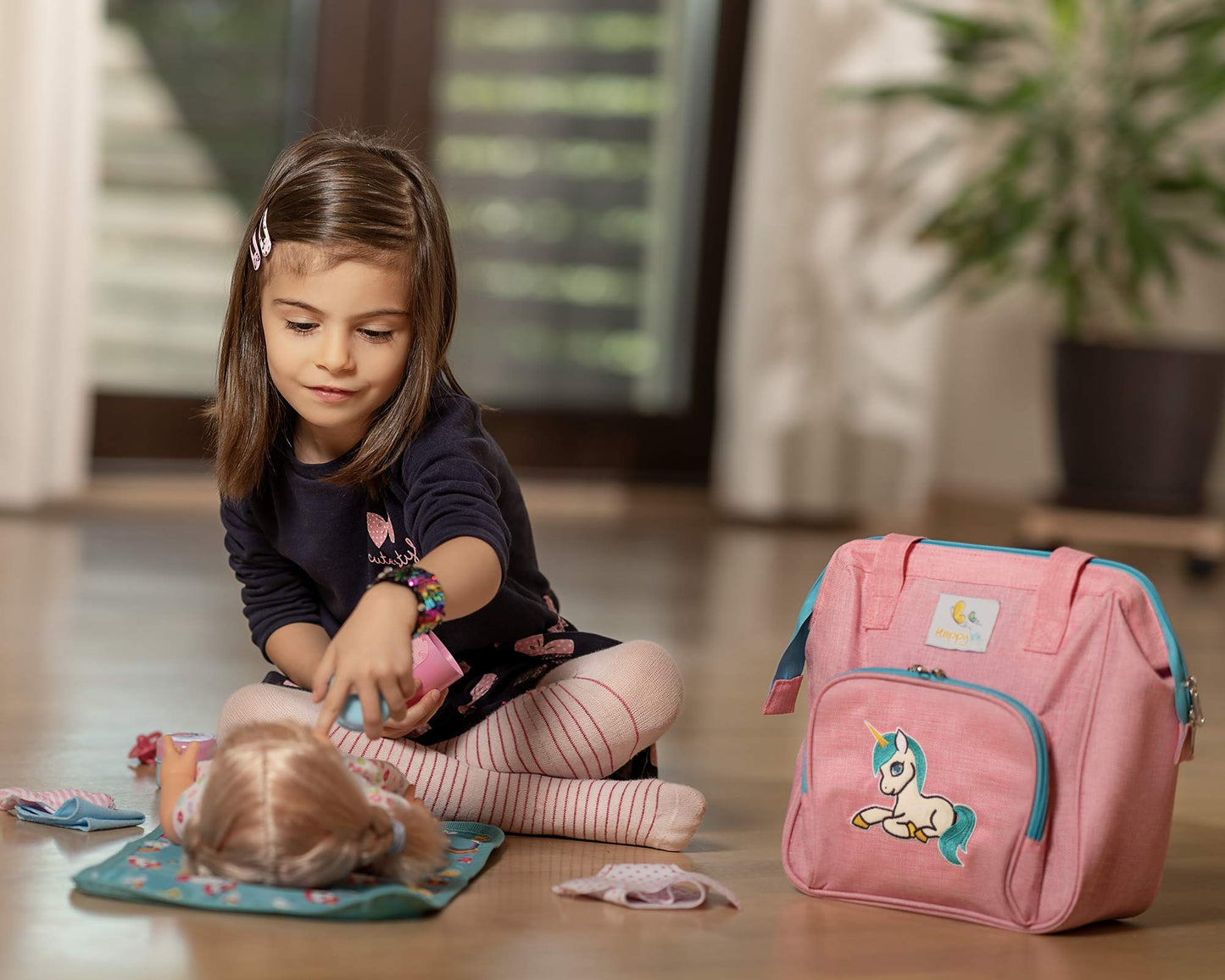 HappyVk- Pink Toy Baby Doll Diaper Bag with Changing Pad - Unicorn Embroidery - Realistic, Spacious & Comfortably Designed for Pretend Play Doll Care