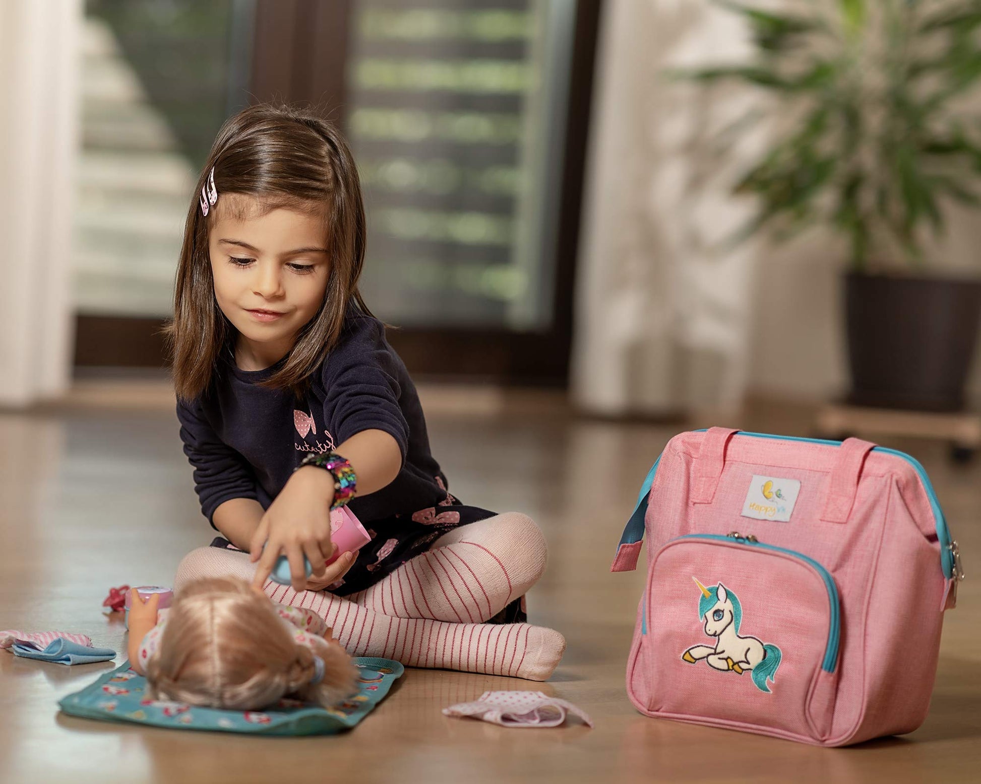 HappyVk- Pink Toy Baby Doll Diaper Bag with Changing Pad - Unicorn Embroidery - Realistic, Spacious & Comfortably Designed for Pretend Play Doll Care