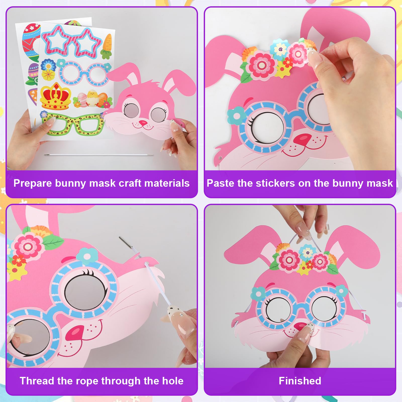 24 Sets Easter Bunny Mask Craft Kits Make Your Own Paper Mask Crafts Easter Rabbits Face Stickers Bunny DIY Art for Kids Spring Classroom Activities