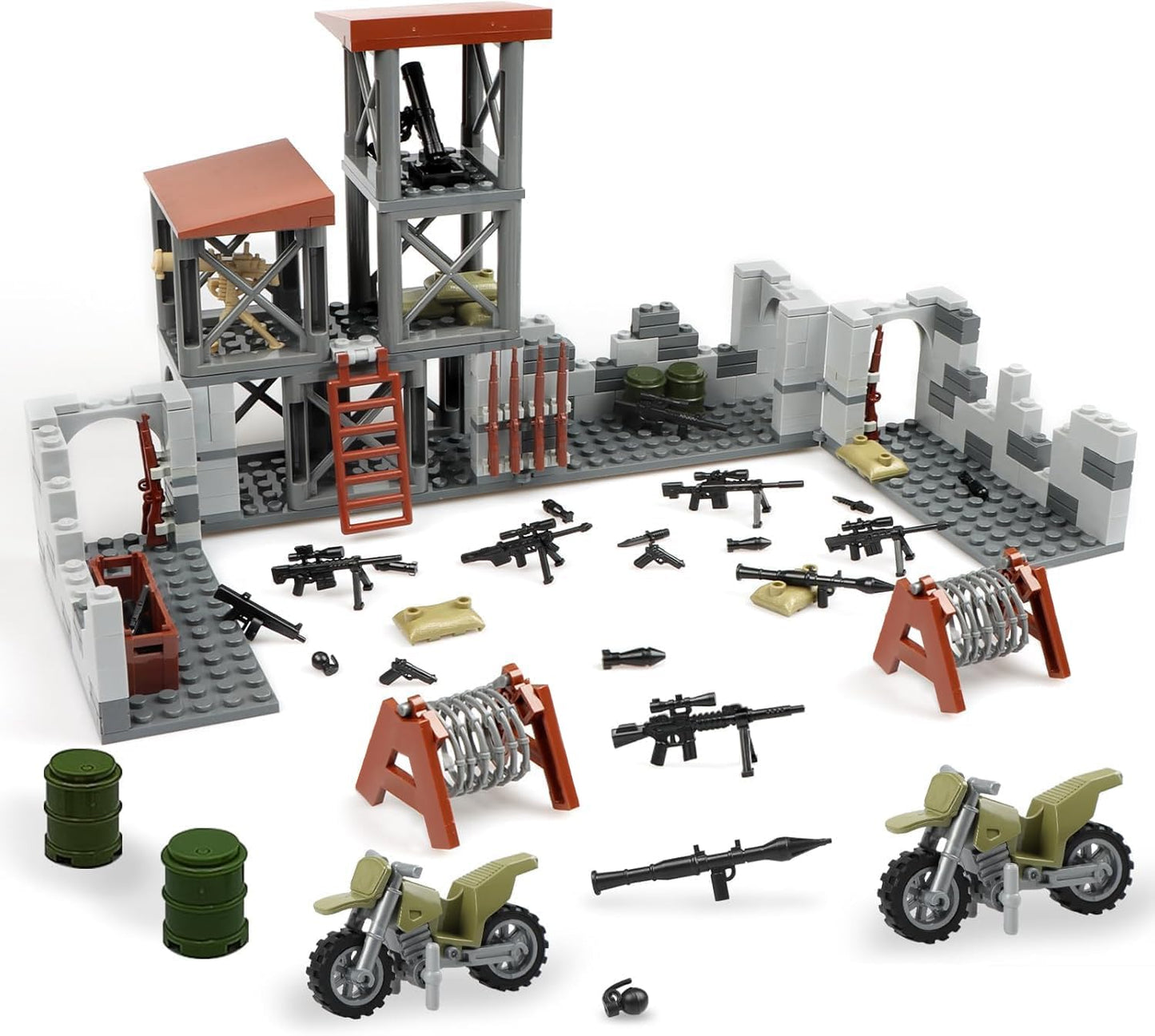 Finger Rock Military Base Building Block Set, WW2 Army Mini War Accessories Kits, Military Ruins Guard Tower Guns Army Supplies Block Toy for Teens