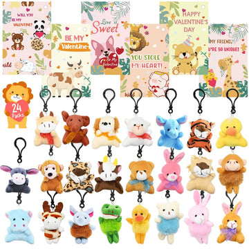 24PCS Valentines Day Cards with Small Stuffed Animals Plush Toys Set, Little Mini Stuffed Animal Keychain Valentine Exchange Cards for Kids Classroom