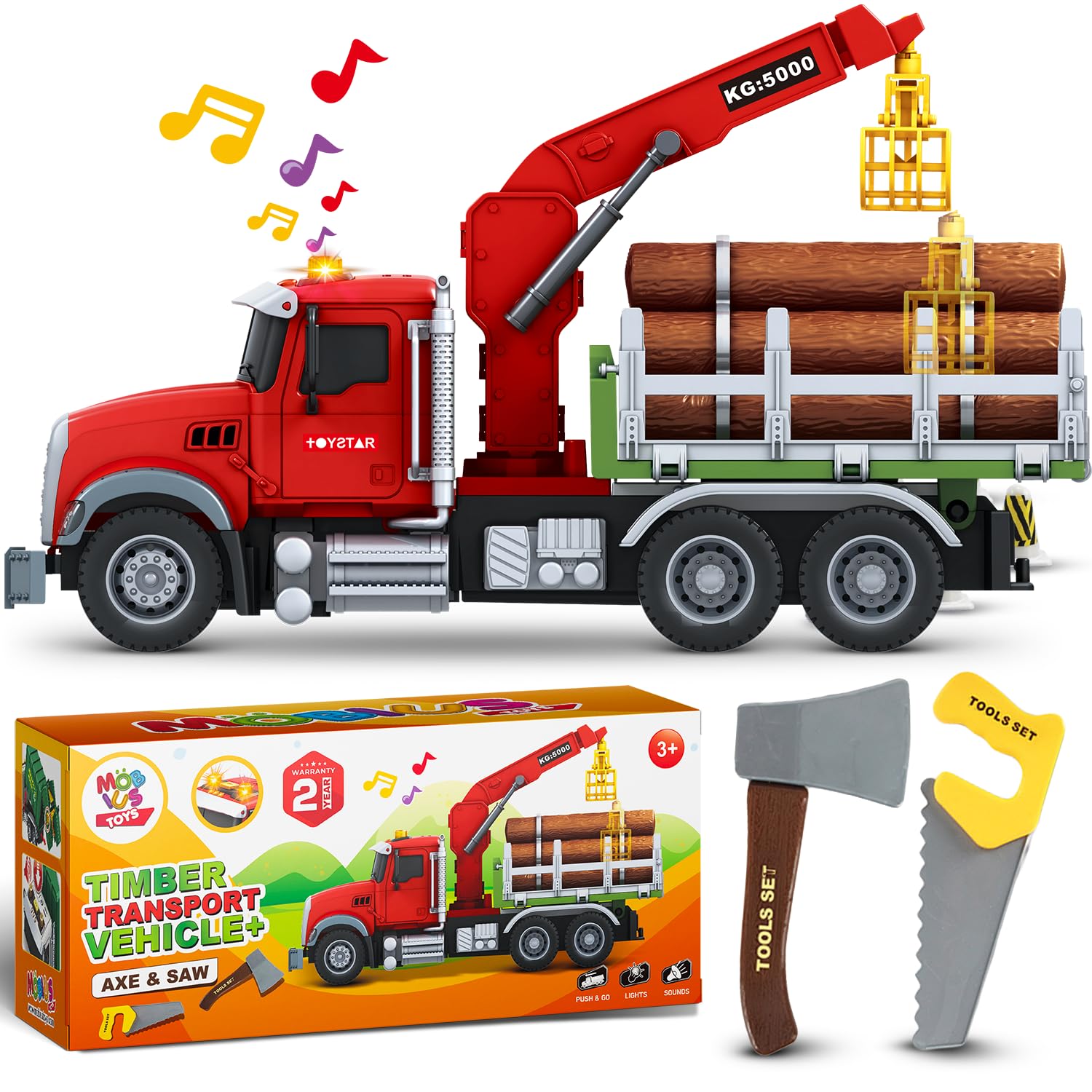 Timber Log Truck Toys for Boys - Logging Trucks for Toddlers - Friction-Powered Vehicle Playset w/Lights & Sounds, Working Crane, Claw, Logs, Flatbed