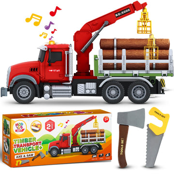 Timber Log Truck Toys for Boys - Logging Trucks for Toddlers - Friction-Powered Vehicle Playset w/Lights & Sounds, Working Crane, Claw, Logs, Flatbed