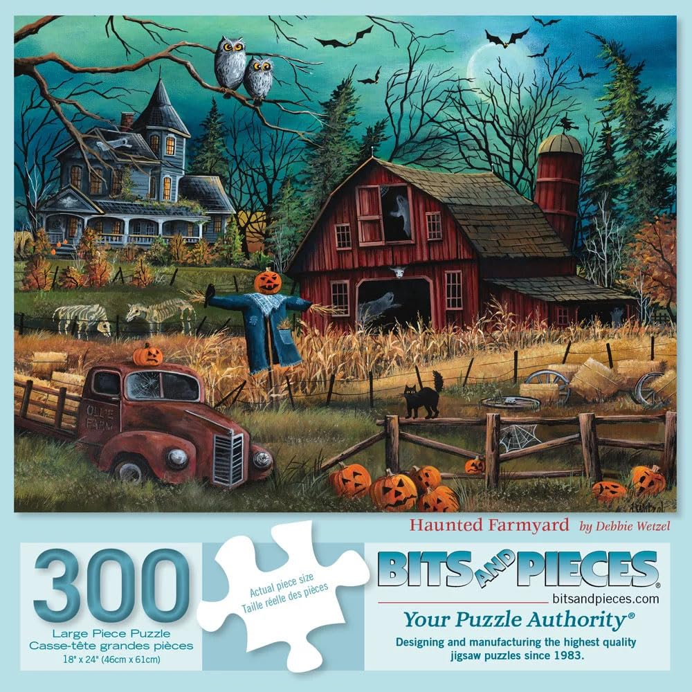 Bits and Pieces 300 Piece Puzzles for Adults 300 Large Pieces 18" x 24" Jigsaw Puzzles, Halloween Farm Scarecrow Haunted House, Random Die Cut, No 2